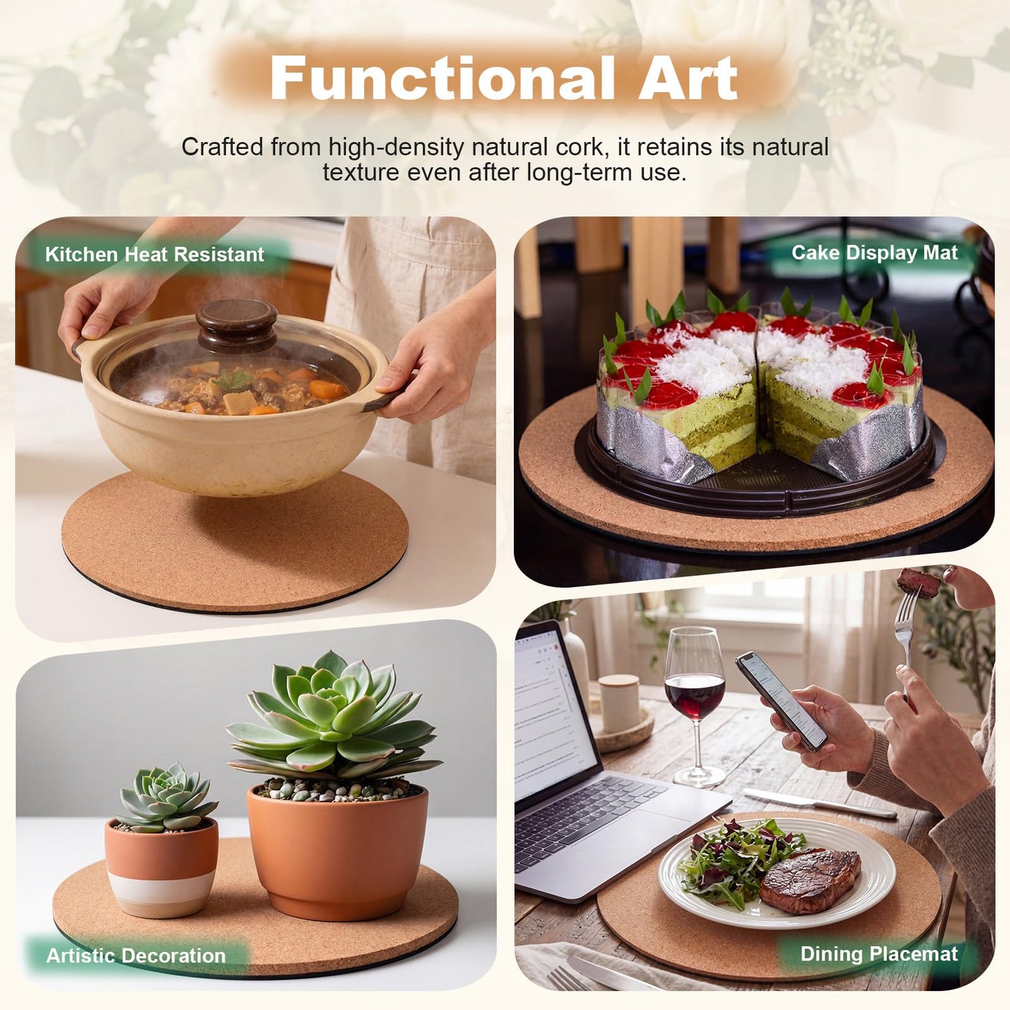 Gandeer Set of 6 Round Cork Placemats Rustic Heat Resistant Wooden Place Mats Cork Trivets for Hot Dishes High Density Thick Wood Coasters Non-Slip Hot Pads for Kitchen and Dining Tables Easy Clean