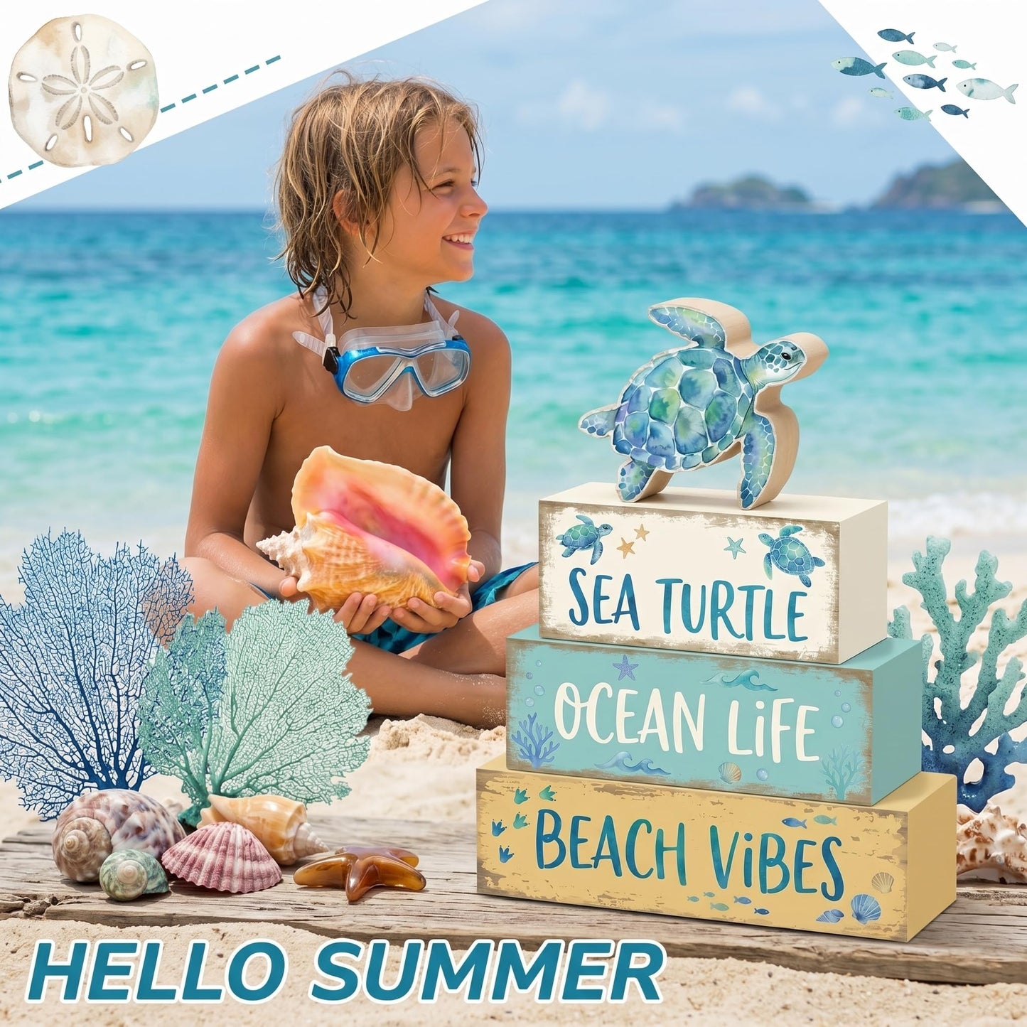 4 Pcs Summer Sea Turtle Bathroom Decor Summer Ocean Table Decorations Beach Tiered Tray Decor Coastal Wooden Signs Shelf Sitter Save The Sea Home Kitchen Office Decorations