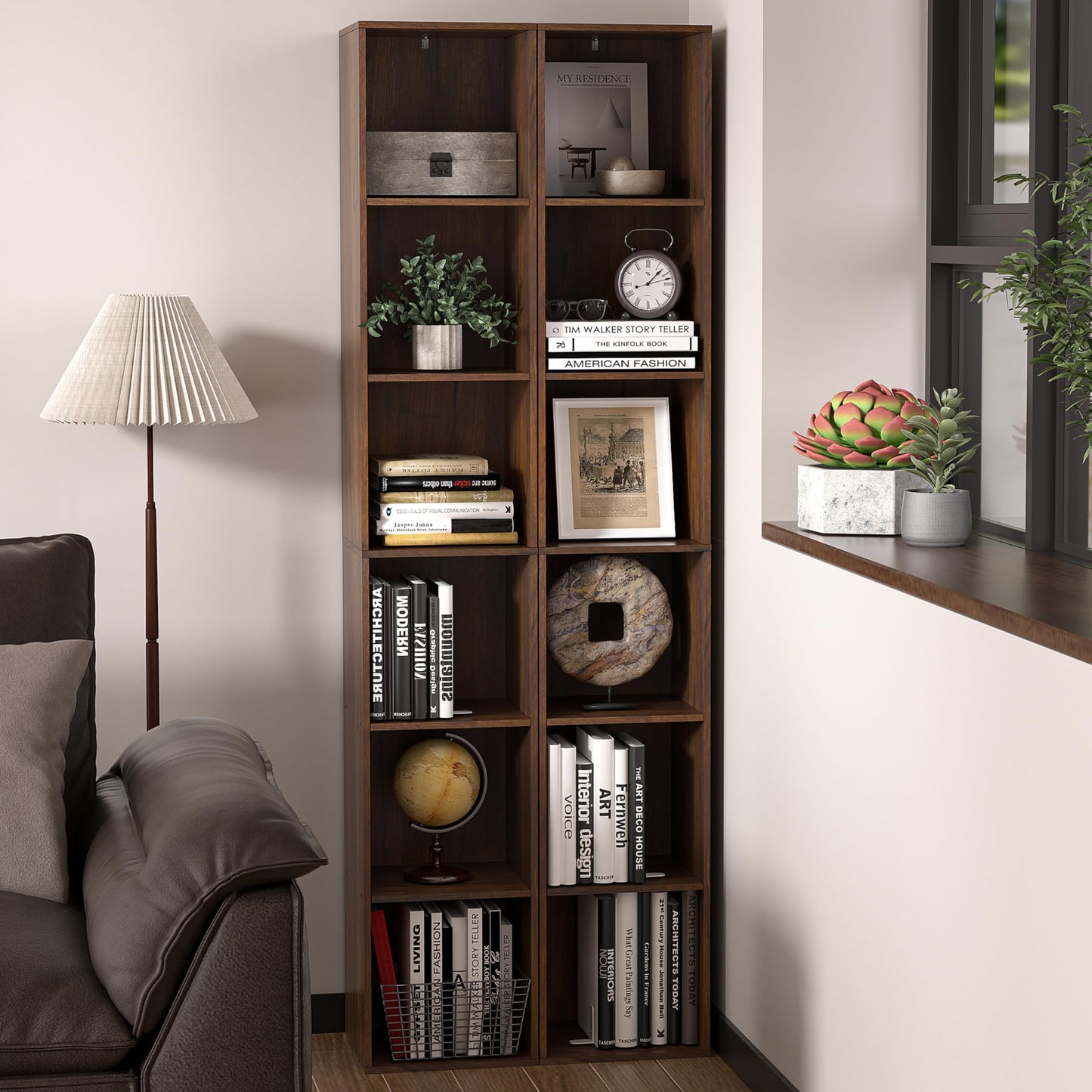 NewBeth 6 Cube Storage Organizer, Narrow Open Shelf Bookcase, Freestanding 6 Tier Low Display Bookshelf for Home Office, Living Room, Bedroom, Dark Brown & Black Walnut
