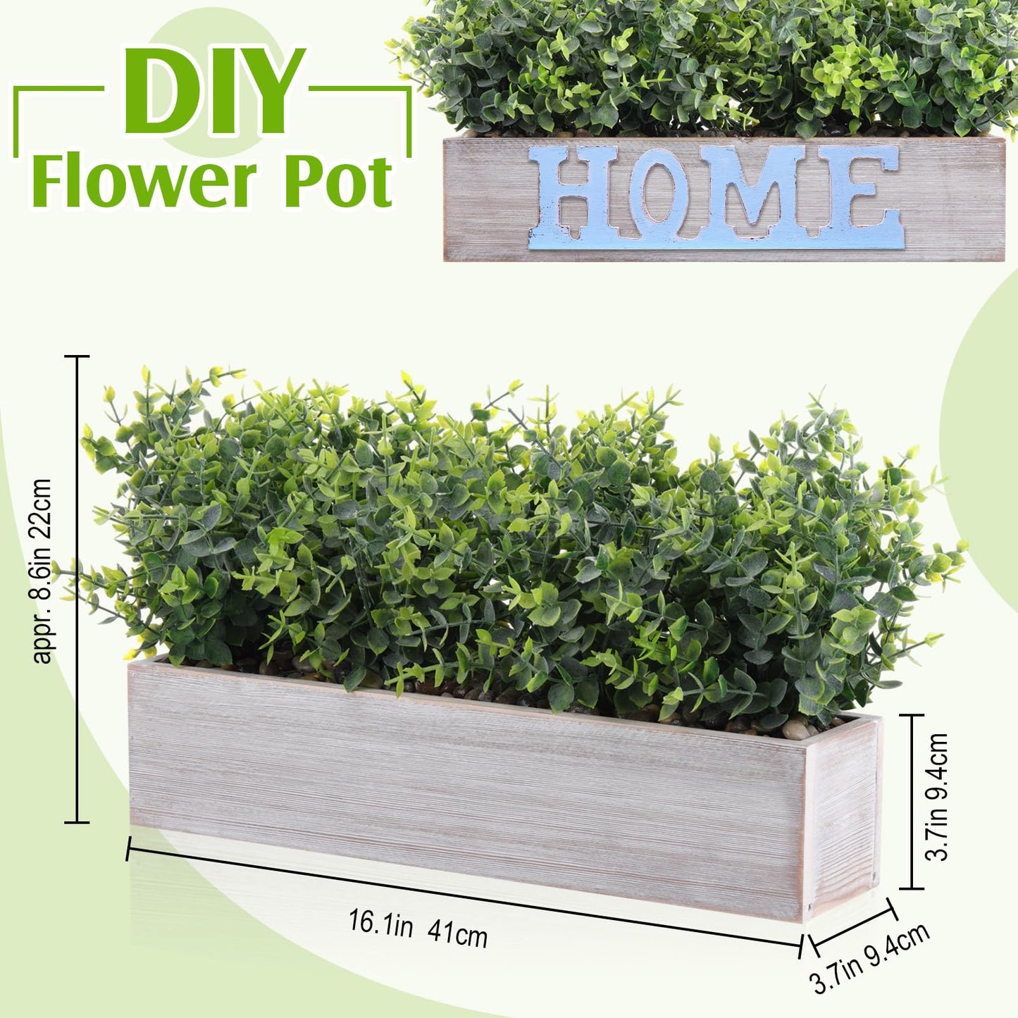 Lyrow 2 Pack Artificial Eucalyptus Plant in Rustic Rectangular Wooden Planter Box Greenery Faux Potted Herb Plant for Indoor Wedding Table Centerpiece(Green,16.1 x 3.7 x 8.7 Inches,Classic Style)