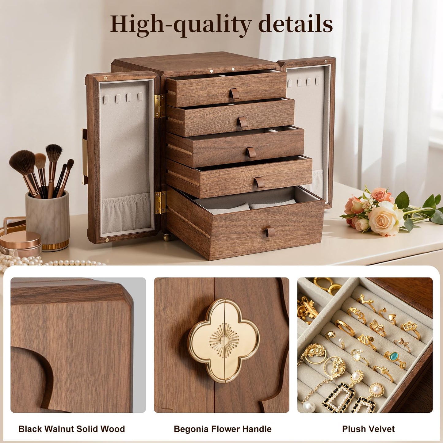 Beniaflow 5-Layer Double-Door Walnut Wood Jewelry Box