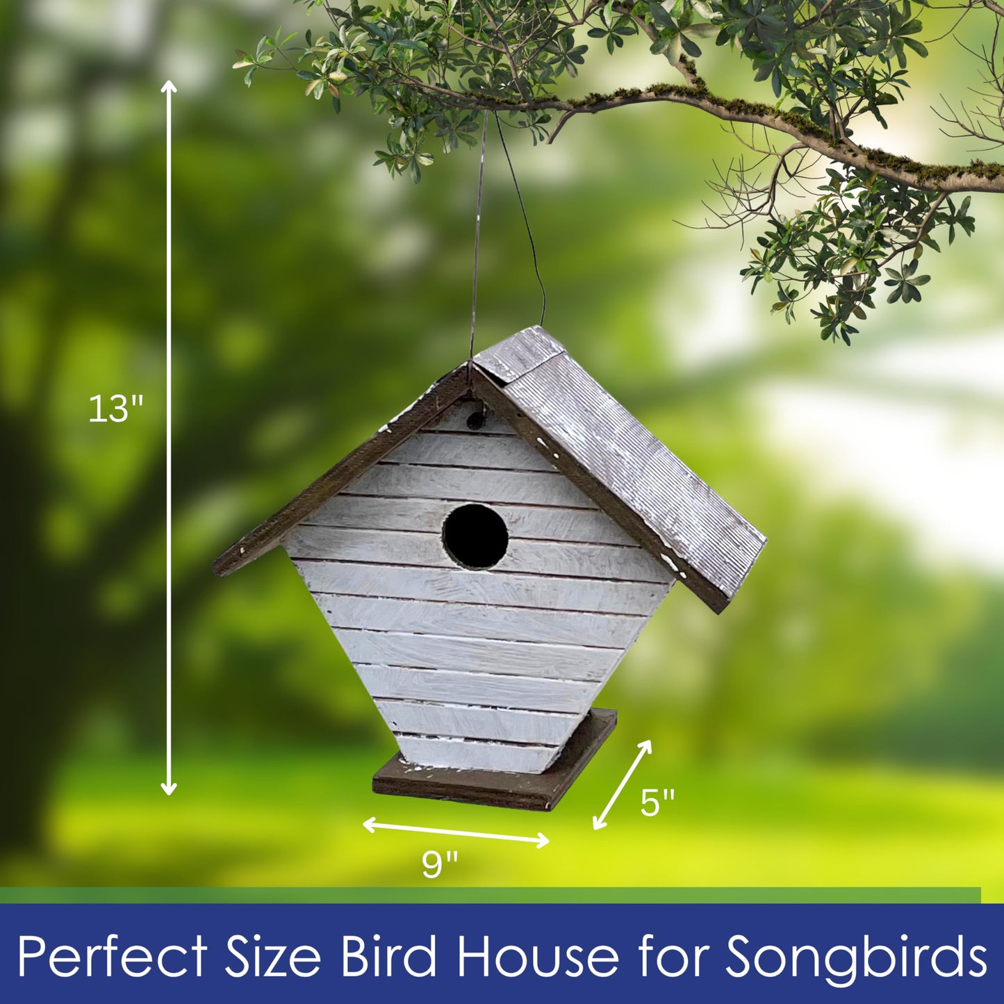 Backyard Essentials Shiplap Wren House - White Hanging Bird House - Wooden Birdhouse with Cable Hanger