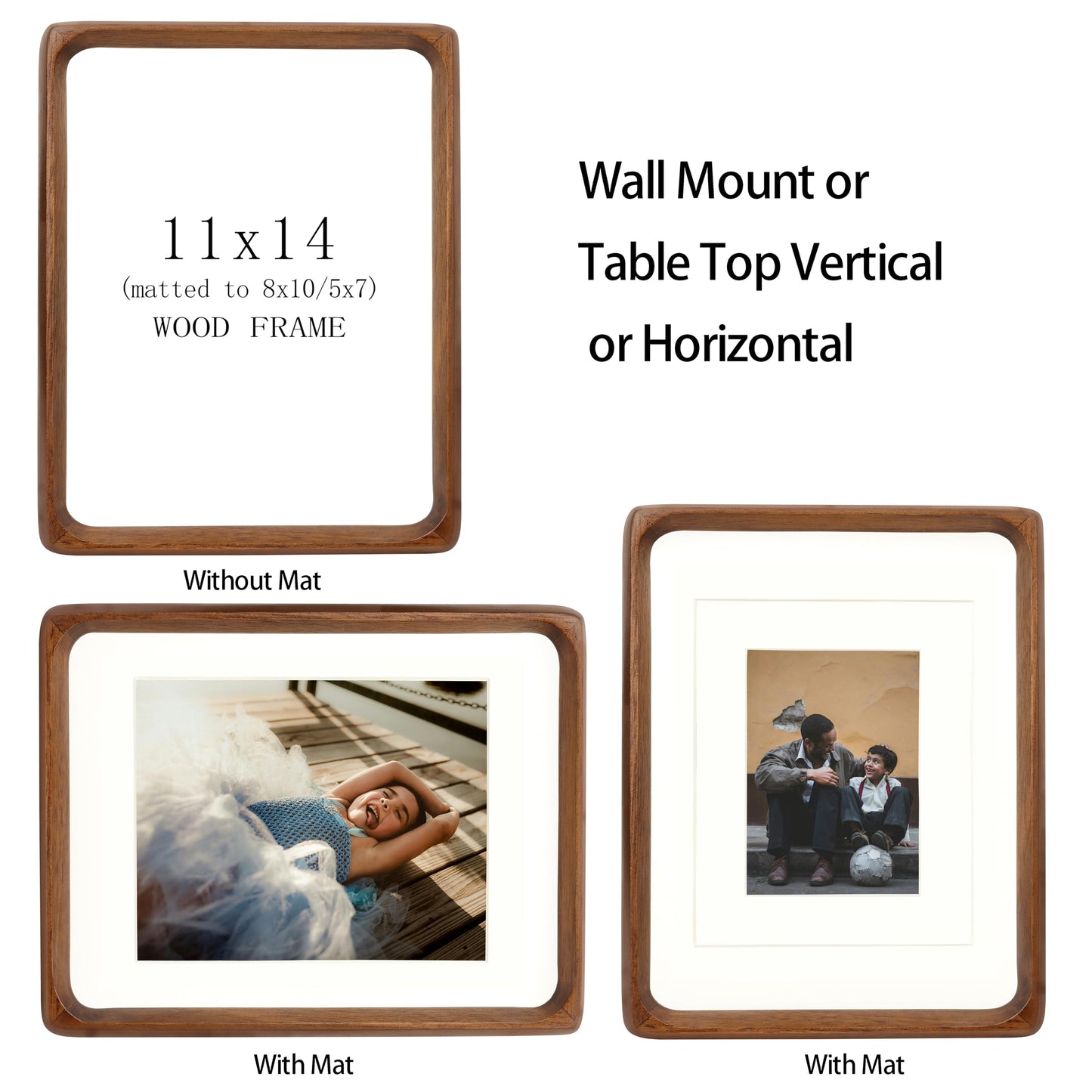 XKIILH 11x14 Picture Frames Walnut Solid Wood with Real Glass Vertical Horizontal Standing Display Photos 5x7/8x10 with Mat or 11x14 Without Mat Lovely Gift for Desk Tabletop Wall Mount H14