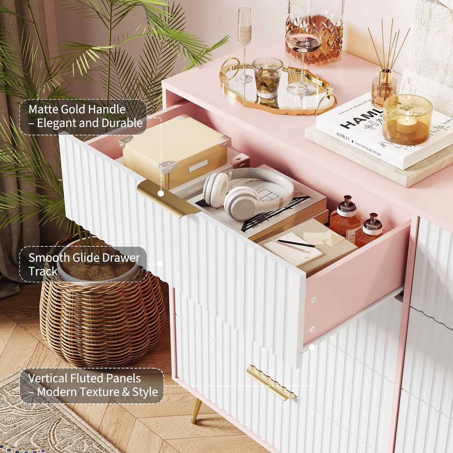GarveeHome Fluted Dresser for Bedroom with 8 Drawers,55" Wide Modern Chest of Wooden Bedroom Chest with Metal Handle,Clothes Storage Organizer,Dresser & TV Stand for Living Room,PIink