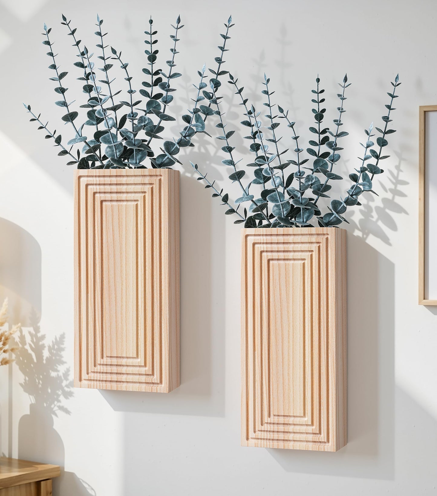 FancyPlus Wooden Wall Planter Vase, 2 Pack Natural Wood Hanging Vases with Fake Eucalyptus for Indoor Modern Boho Farmhouse Wall Art Decor for Home Indoor Kitchen Modern Farmhouse Bathroom