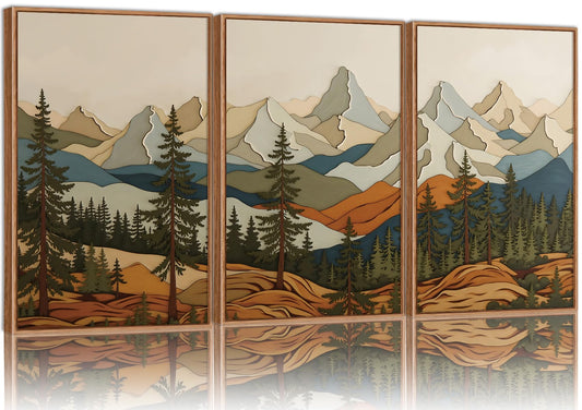 SIGNINART Vintage Mountains Framed Canvas Wall Art, Wooden Forest Wall Decor, Green Wood Pine Trees Wilderness Artwork, Natural Ridge Landscape Art Paintings for Living Room Bedroom Office 16"x24"x3