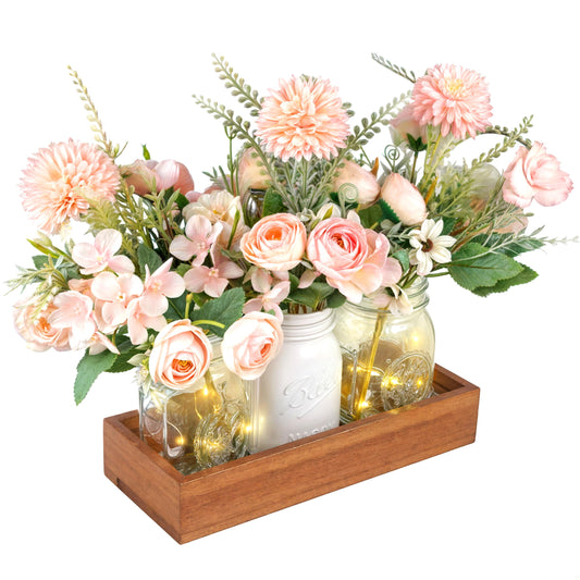 LIOZLIOLY Farmhouse Mason Jar Centerpiece with LED Lights and Artificial Flowers – Rustic Dining Table Decoration with Wooden Tray, Perfect for Kitchen, Living Room, Bathroom, or Coffee Table Decor