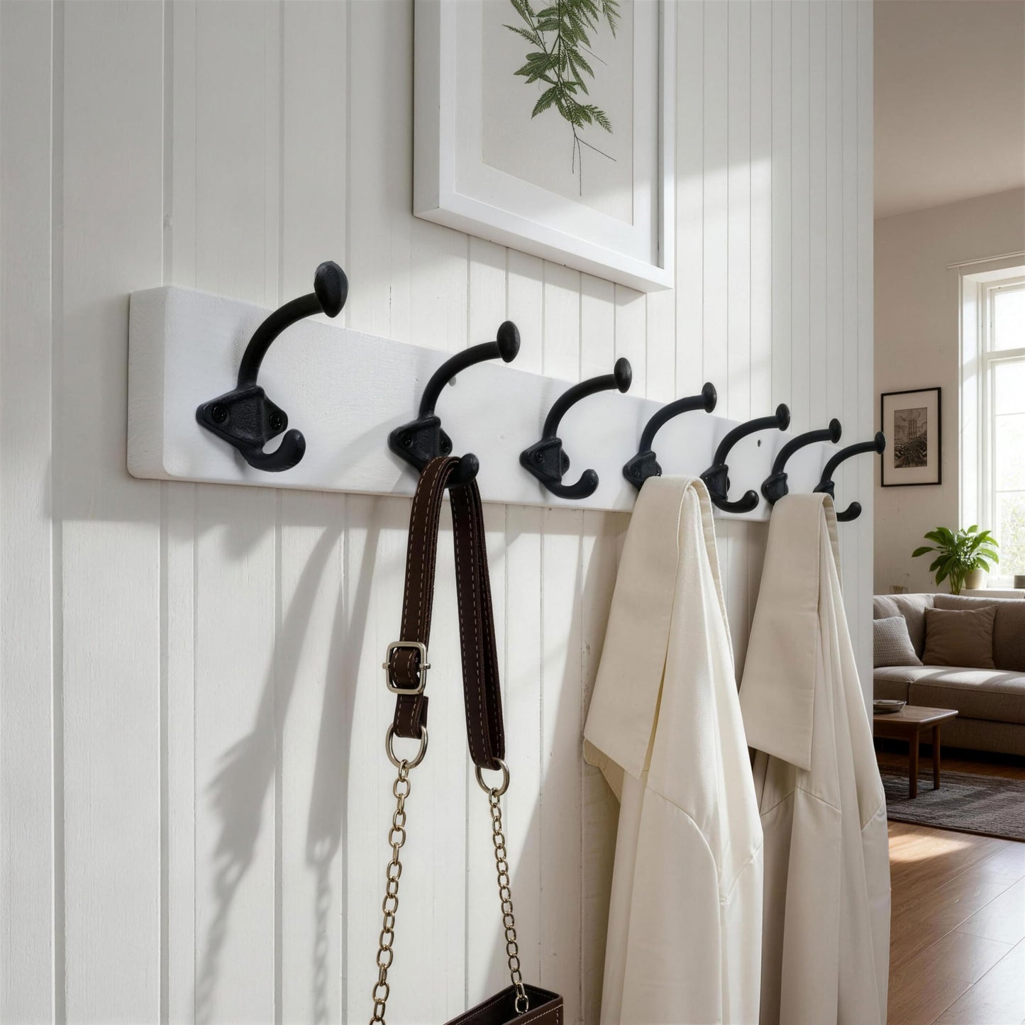 WEBI Rustic Coat Rack Wall Mount,30" Long 7 Cast Iron Coat Hooks Wall Mounted,Heavy Duty Farmhouse Wood Coat Hanger Wall Vintage Hooks for Hanging Jacket,Clothes,Backpack,Black on White,2 Packs