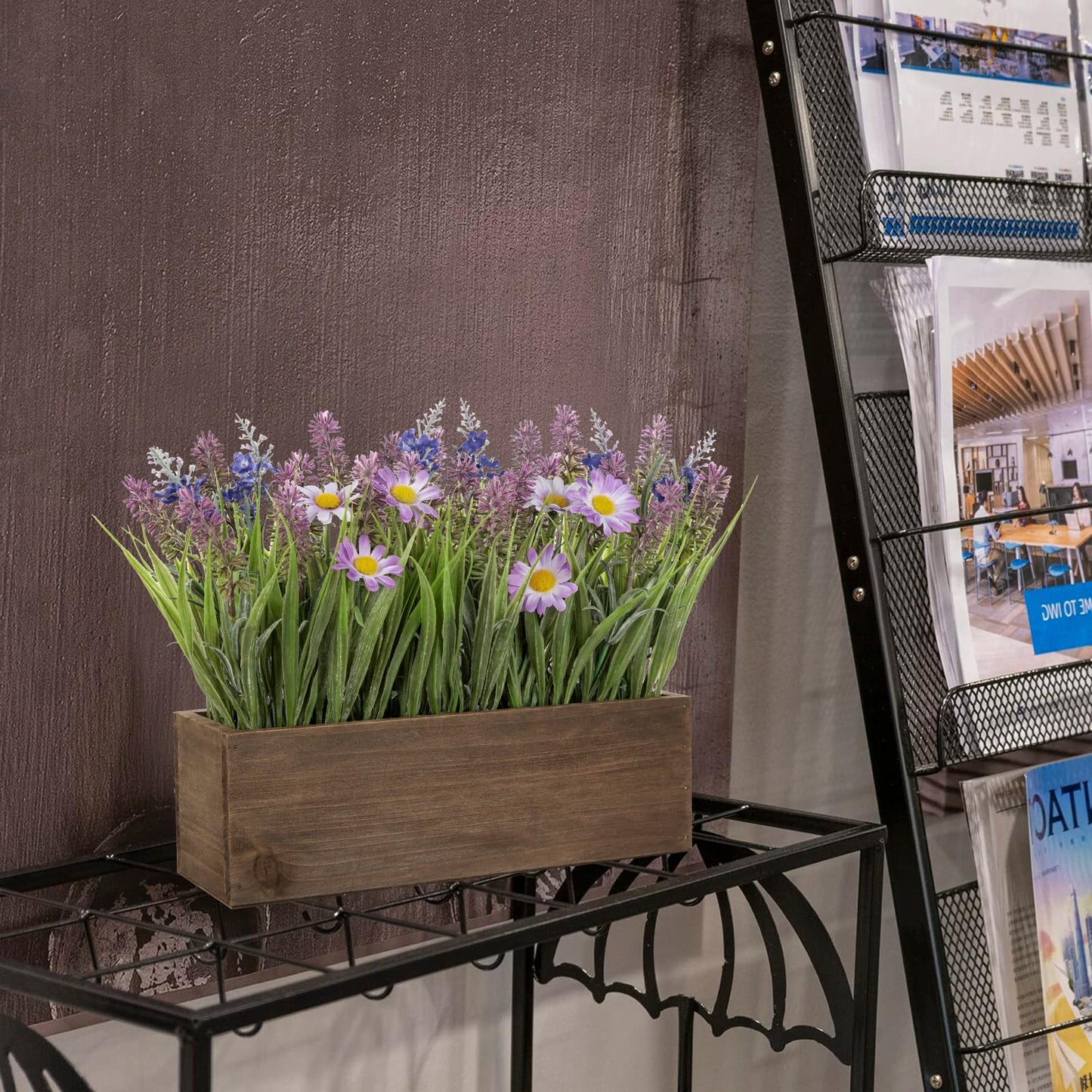 Artificial Lavender Flowers Arrangement in Rectangular Wood Planter Box, 10.6" Fake Potted Lavender Flowers with Daisies, Faux Lavender Plant for Centerpieces, Window Sill, Shelf, Home & Office Decor