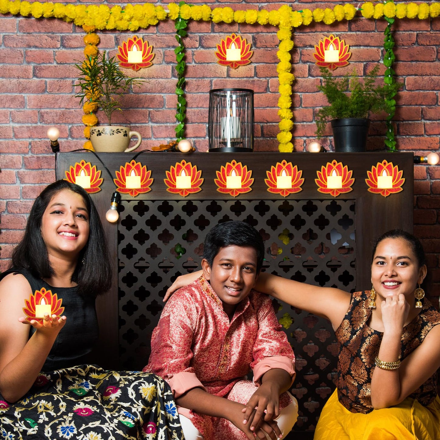 Yalikop 12 Pack Diwali Decoration 4 x 4 Inch Jharokha Lotus Design Wooden Candle Holder Tea Light Diya Holder Traditional Lotus Box Decor for Deepavali Decoration Festive Wall Decor DIY Craft