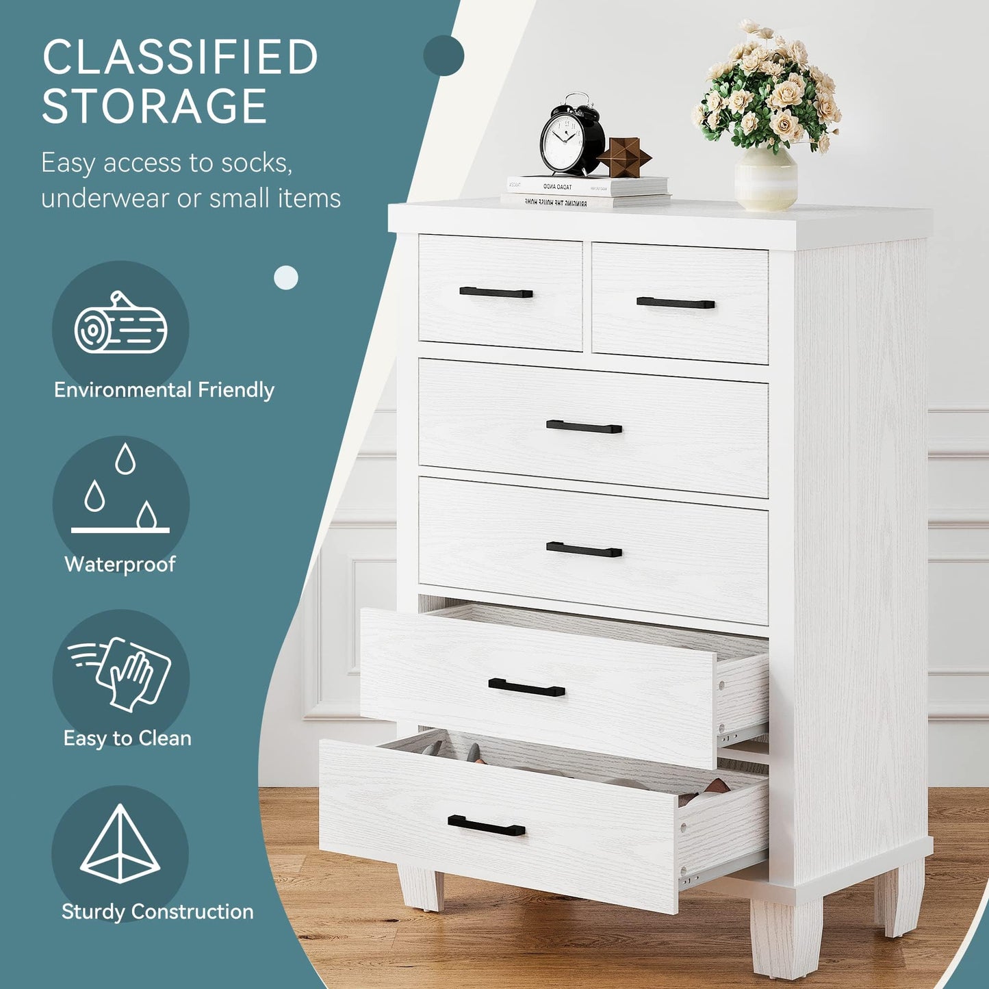 Garvee Dresser for Bedroom with 6 Drawers, 45" Tall White Dressers & Chests of Drawers with Storage, Wooden Storage Organizer Dressers for Closet, Large Drawer Dresser for Living Room, Entryway