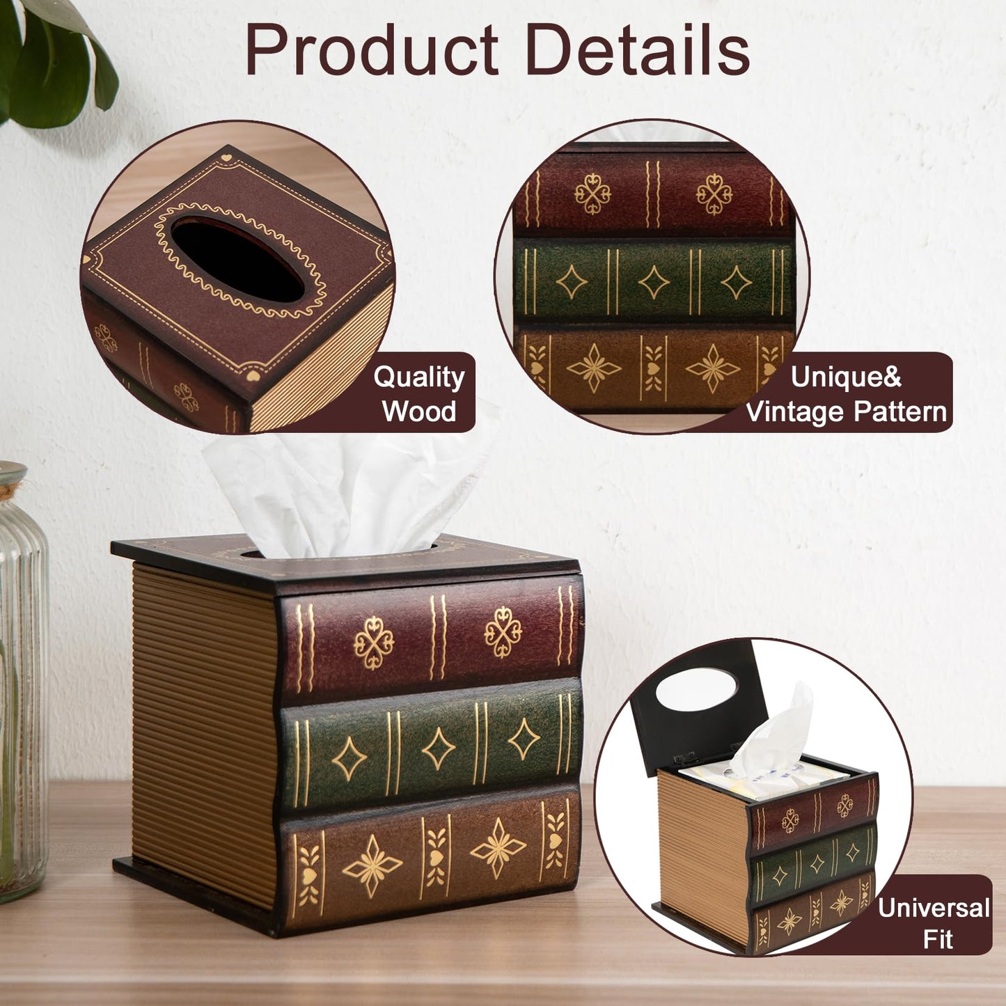 Crafted Classical Retro Wooden Antique Book Tissue Box Cover Tissue Holder Dispenser Paper Cover Case Napkin Holder Home Decor for Bathroom Living Room Office car Kitchen (red Square)