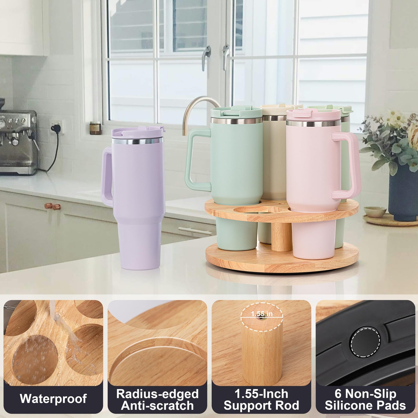 MyLifeUNIT Water Bottle Organizer for Stanley Cups 40oz/30oz/20oz, 360° Rotating Wooden Tumbler Organizer, Stanley Cup Holder for Cabinet Storage (Yellow)