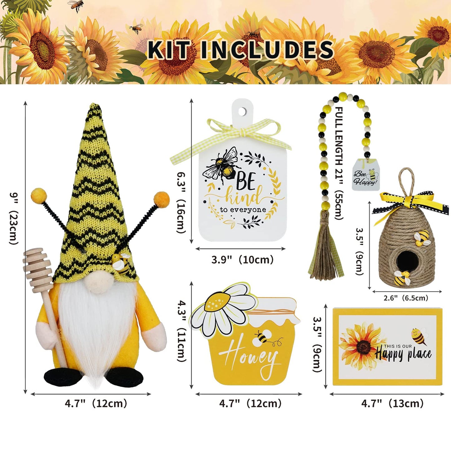 KnomeKo Bee Tiered Tray Decor Set, 6 Pcs Summer Farmhouse Decor with Gnome, Bee Hive, Sunflower Wood Signs & Garland, Rustic Countertop Kitchen Coffee Bar Decorations