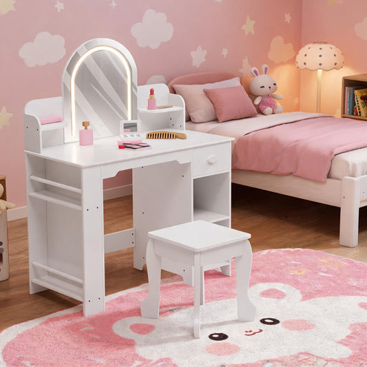 GarveeLife Kids Vanity with Lighted Mirror & Stool, Toddler Vanity Set for Little Girls, Girls Vanity Set with Adjustable LED Light & Bookshelf, Wooden Makeup Playset, (White Ages 3-9)