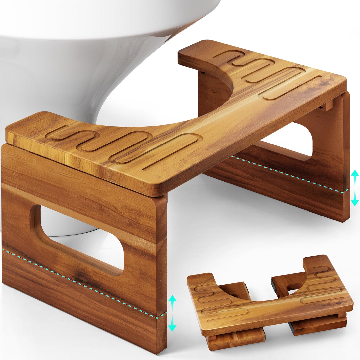 BLUEWEST Foldable Toilet Stool, 7'' and 9'' Adjustable Heights Acacia Wood Poop for Potty Training,Durable Collapsible Bathroom Stool, Adjustable Height for Family Members with Non-Slip Layer