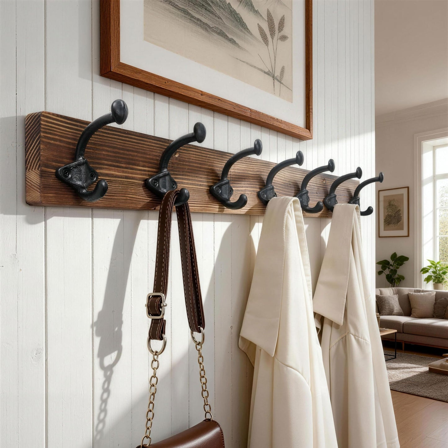 WEBI Rustic Coat Rack Wall Mount,30" Long 7 Cast Iron Coat Hooks Wall Mounted,Heavy Duty Farmhouse Wood Coat Hanger Wall Antique Vintage Hooks for Hanging Jacket,Clothes,Backpack,Brown