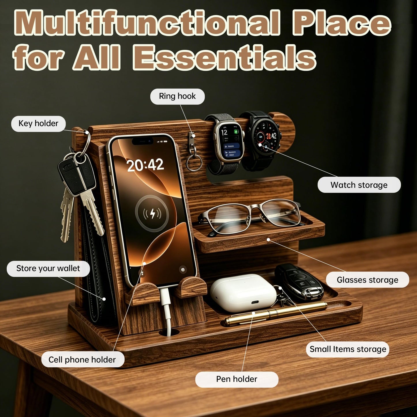 Iswabard Gifts for Men Wood Phone Docking Station Birthday Gift for Men Valentines Day Gifts Father Gift for Him Boyfriend Nightstand Organizer Desktop Phone Stand (Update Brown)