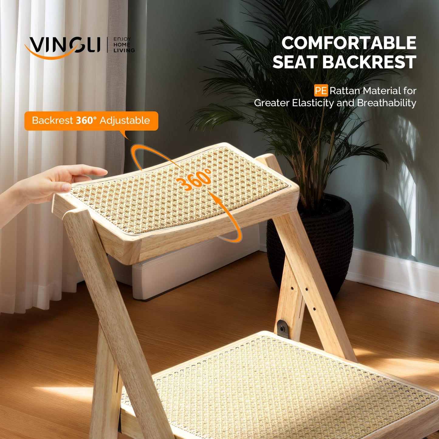 VINGLI 2 Pack Rattan Wooden Folding Chair, Dining Folding Chair with 360° Swivel Backrest, Sturdy Rubberwood Frame and Rattan Woven Seat and Back, Natural Color, Set of 2