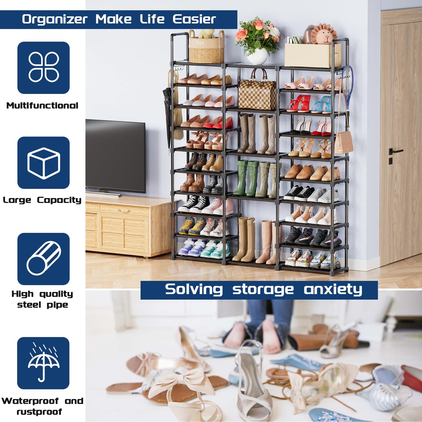 Mavivegue 10 Tiers Shoe Rack Tall Shoe Organizer Shoe Storage 55-65 Pairs Vertical Shoe Shelf Large Shoe Rack Organizer Stackable Shoe Racks for Entryway, Closet, Garage, Bedroom,Cloakroom -Black