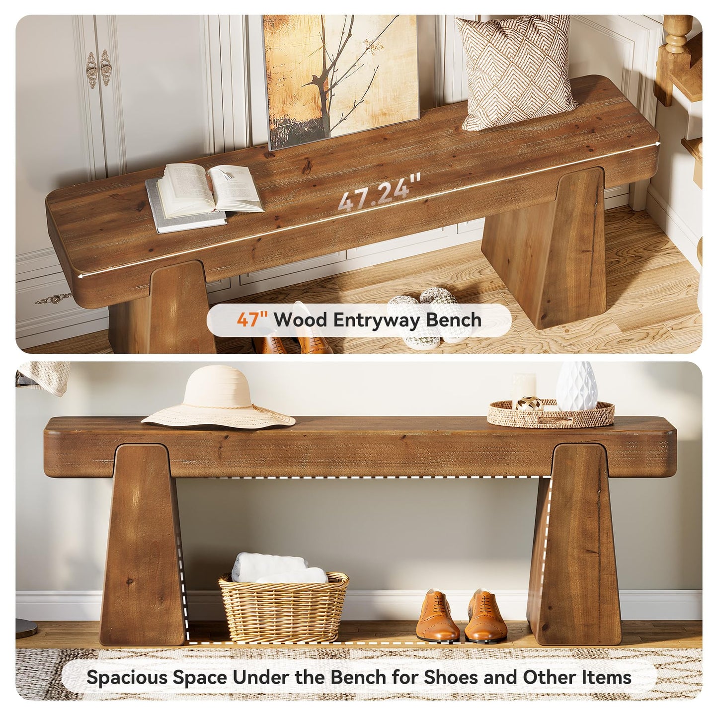 TRIBEWOOD Solid Wood Bench, 47-Inch Farmhouse Wood Entryway Bench with Thickened Legs, Narrow Indoor Wooden Bench for Entry, Hallway, Living Room, End of Bed, Dark Brown