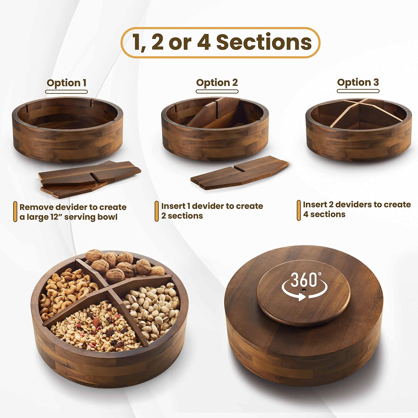 TIDITA 12" Acacia Wood Lazy Susan Organizer with 4 Dividers - Wooden Round Serving Turntable for Tabletop, Countertop - Kitchen Storage Tray Rotating Food Bin Container for Spices, Cabinet, Fridge