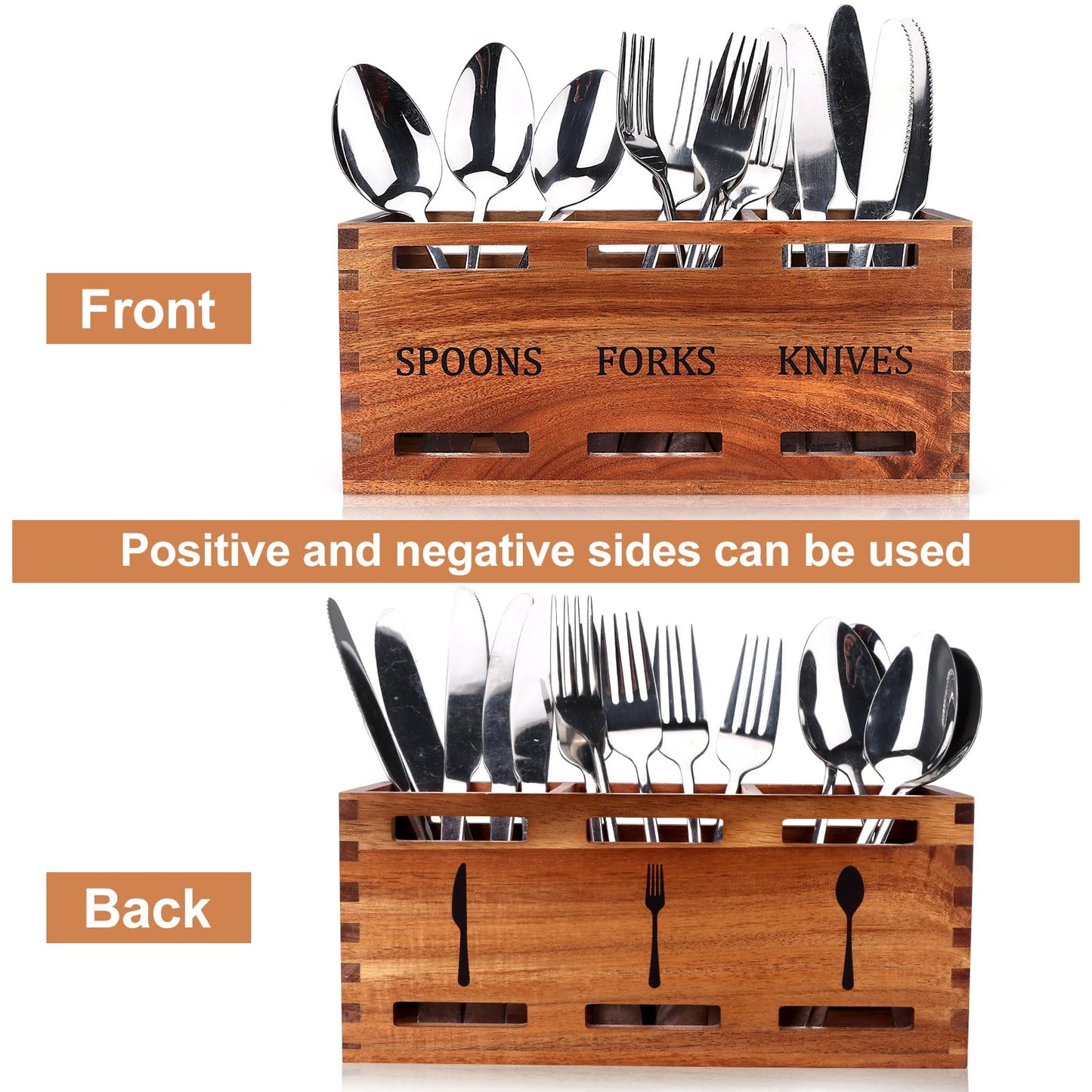 Gtencemen Acacia Wood Silverware Caddy Wooden Flatware Cutlery Holder Silverware Organizer Storage Small Utensil Holder for Kitchen Counter Spoon and Fork Holder Flatware Utensil Caddy for Party