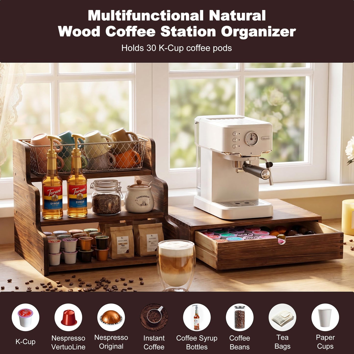 Wooden Coffee Station Organizer with K Cup Holder, 3-Tier Syrup Rack with Coffee Pod Holder Drawer,30 Pod Capacity, Coffee Bar Organizer for the Office and Home Kitchen,Rustic Brown