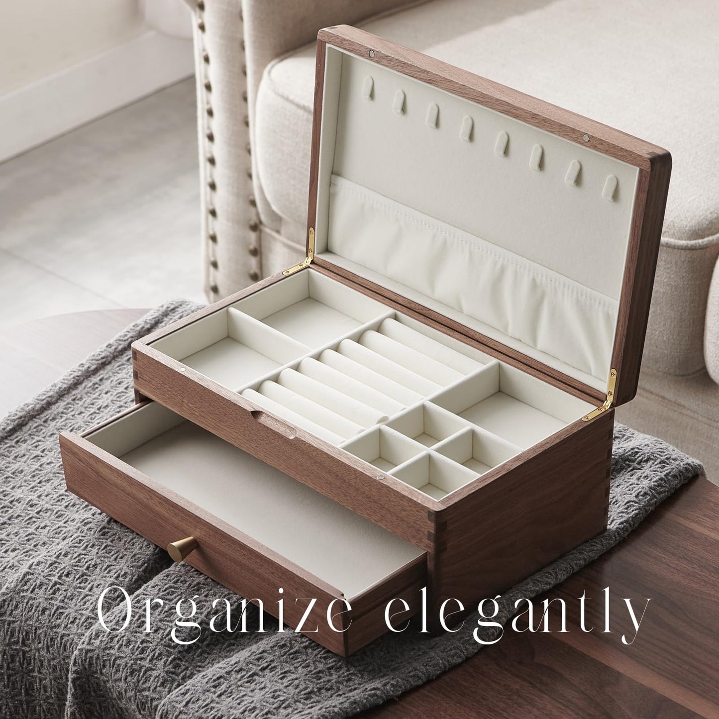 Beexchange Black Walnut Wooden Jewelry Box - Allwood, Handcrafted, Classic Jewelry Box. Jewelry boxes & organizers for Women, Men, and Girls (Double-Layer)