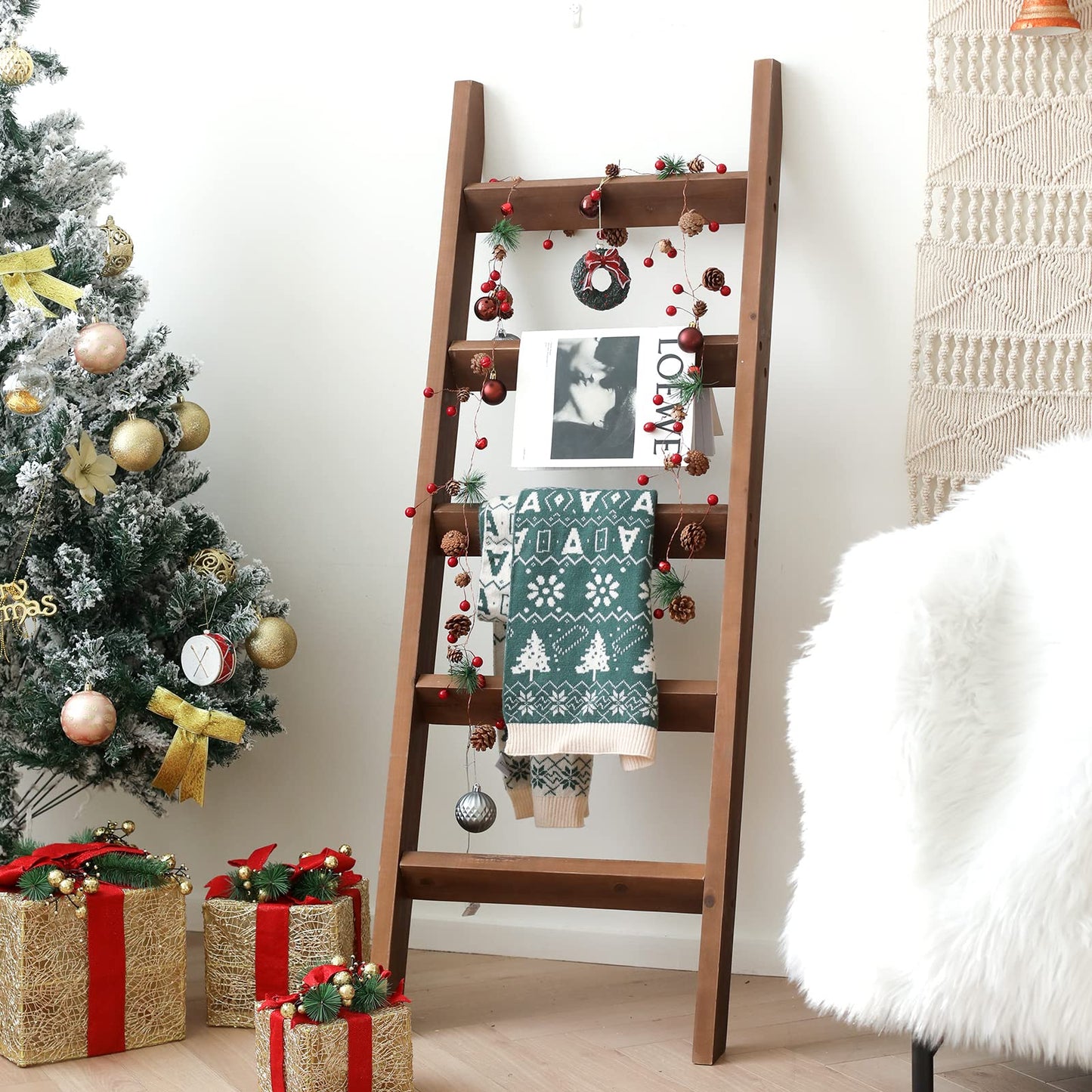 FUIN 5ft (58") Wood Blanket Ladder Living Room Decorative Wall Leaning Farmhouse Quilt Display Holder Rustic Wooden Towel Rack for Bathroom, Brown