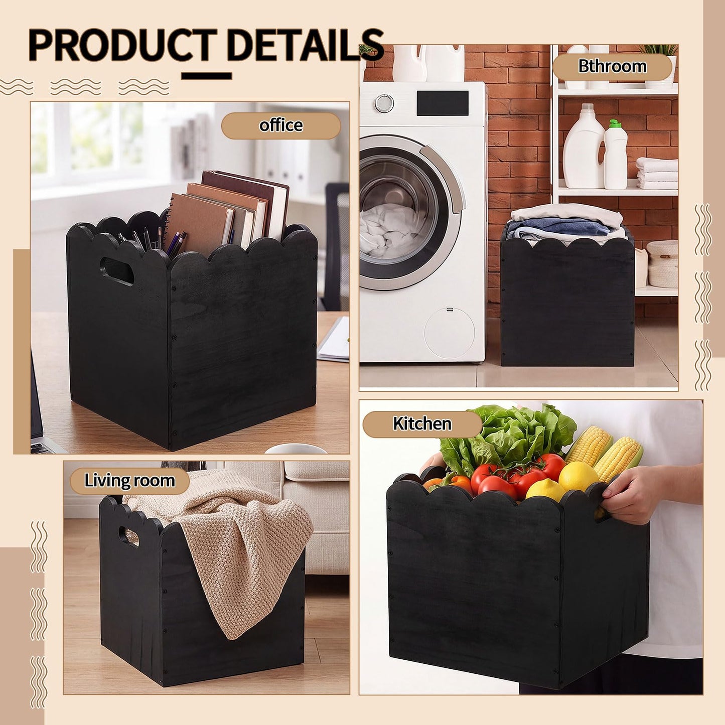 LemonRoad 2 Pcs 11 Inch Wooden Storage Bins with Scalloped Edge Stackable Wooden Storage Cubes Black Decorative Wood Crates for Book Shelves Vinyl Records, Pantry Closet Toys, Easy Assembly