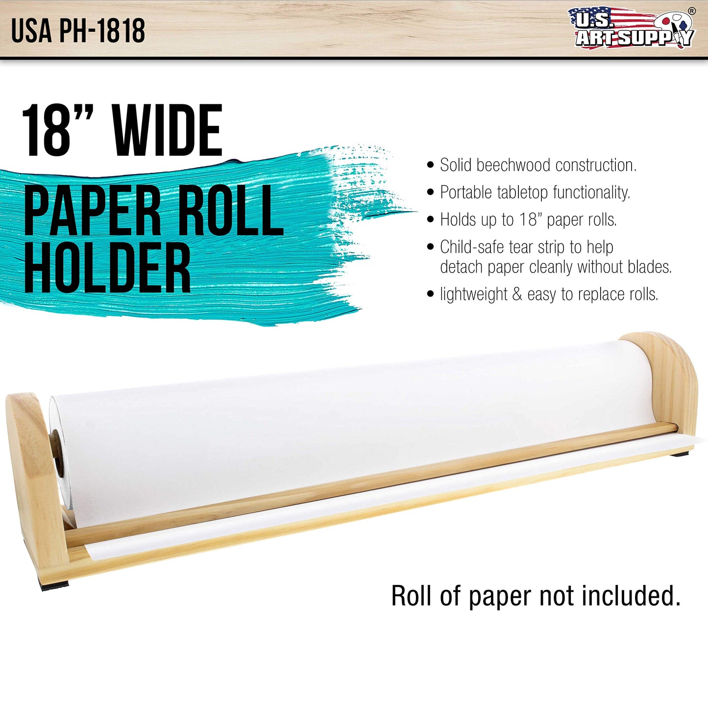 US Art Supply 18-Inch Wooden Tabletop Easel Paper Roll Holder and Dispenser - Craft Paper Roll Dispenser with Safe Tear Strip, Solid Wood Construction