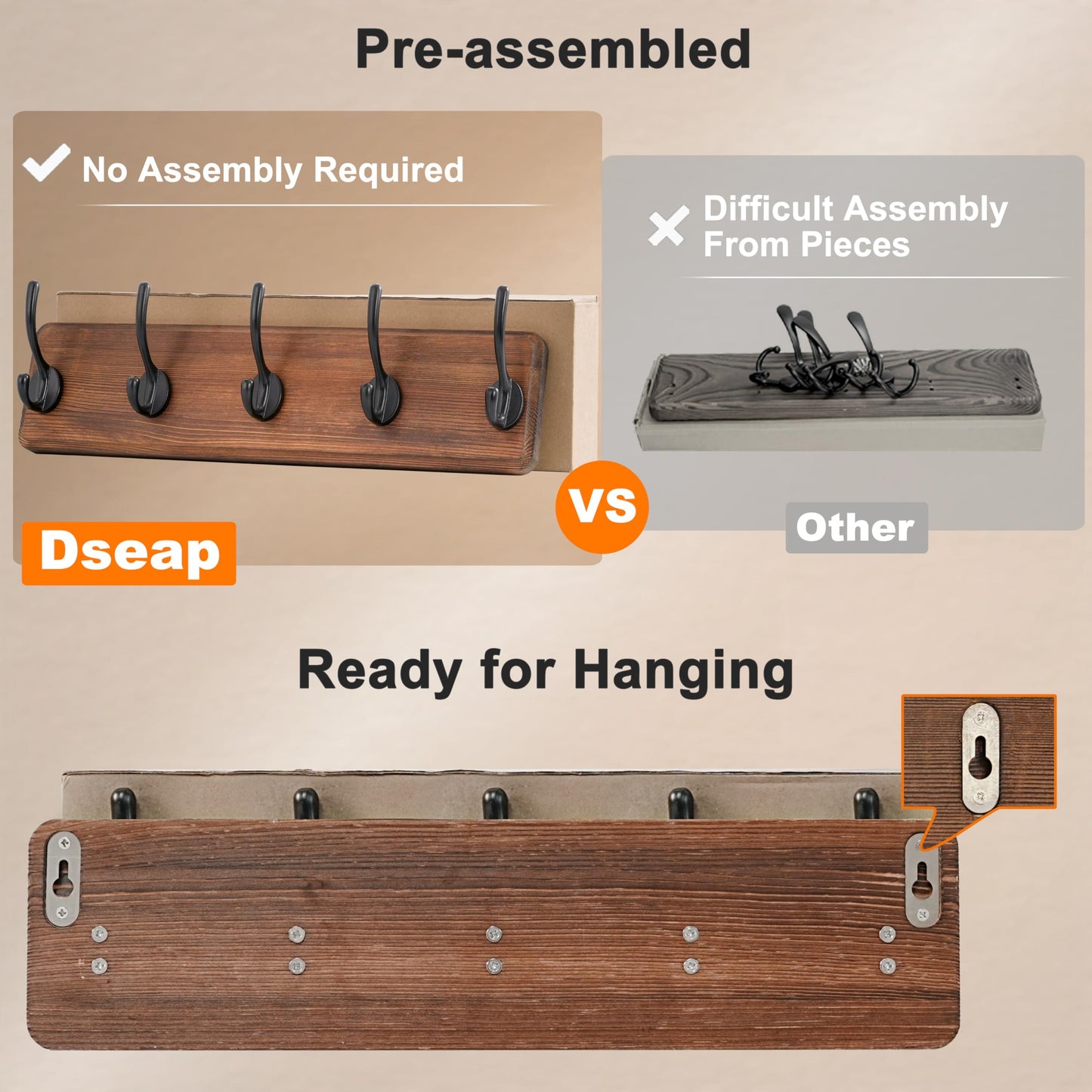 Dseap Coat Rack Wall: Patented, Heavy-Duty, 17.4" Long 5-Double-Hooks Wooden Wall Mounted Coat Rack Coat Hanger Hook Rail for Winter Coats Hat Jacket Clothing, White & Black