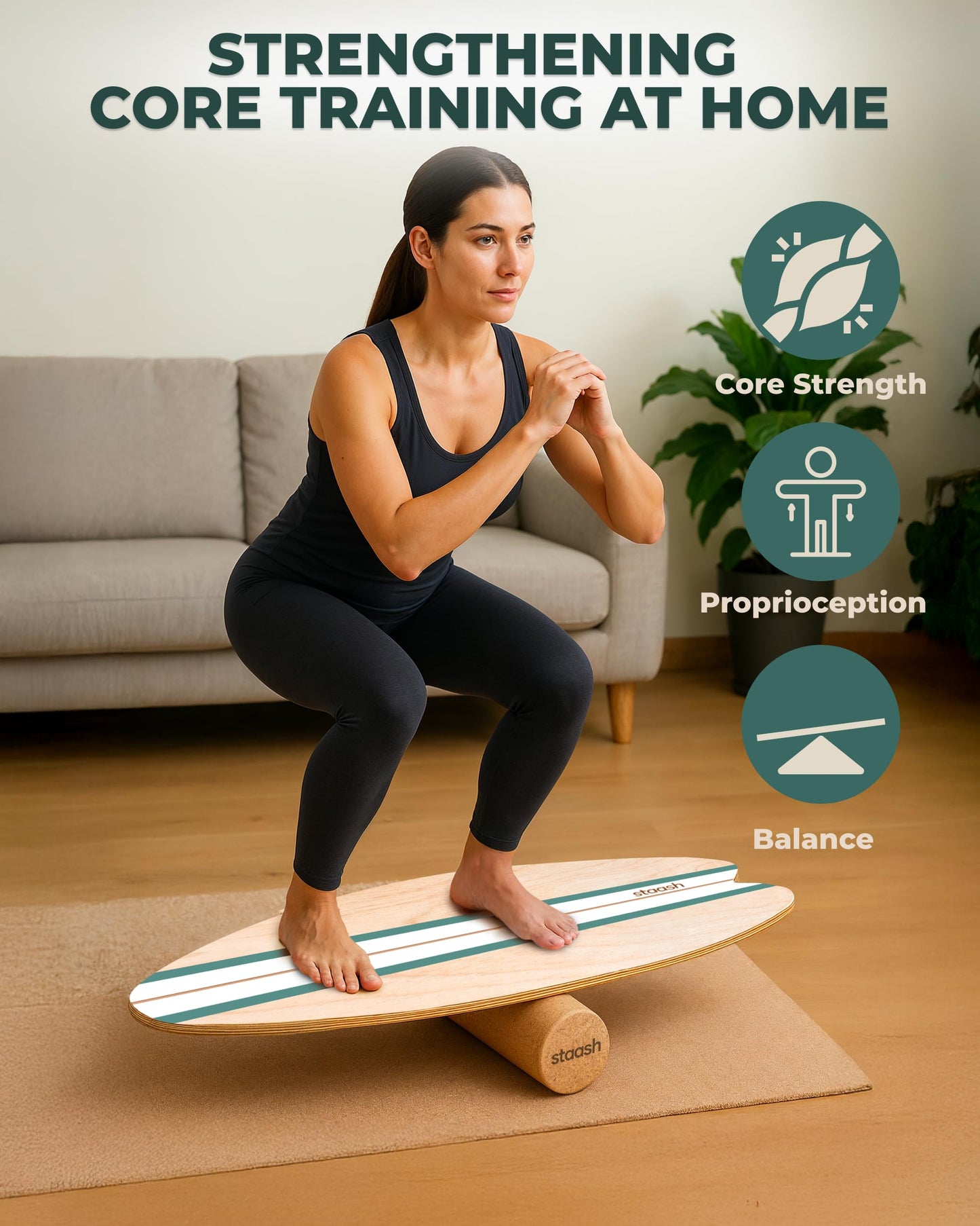 STAASH® Birch Wood Balance Board Full Kit – Wobble Trainer with Cork Roller, Mat, Ball & Disc – Eco-Friendly Core Trainer for Surf, Yoga, Fitness, Rehab – Video Library Included (Cacao)