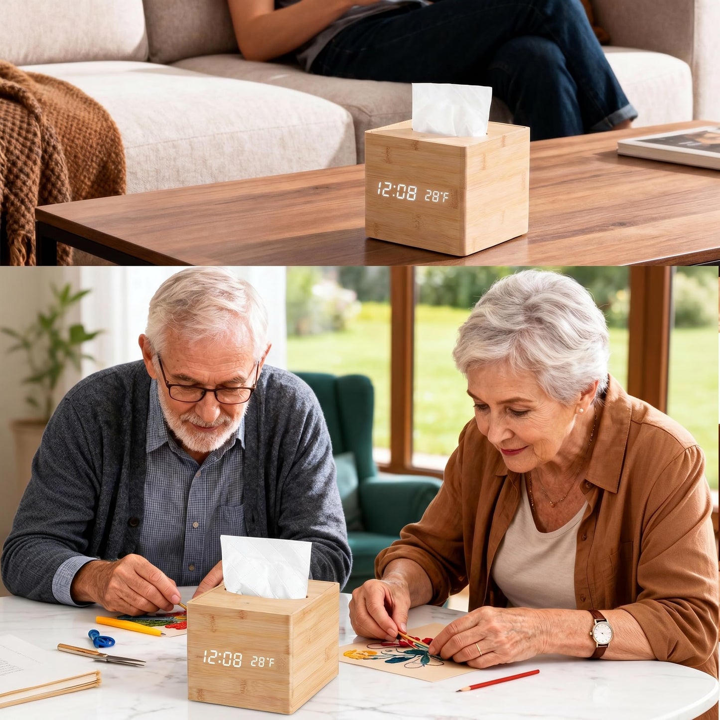 ANHUXINLEI Wooden Tissue Box Cover - Digital Square Holder with Dimmable Alarm Clock, Temperature and Date Display - Cordless Home Decor for Office Desk, Nightstand and Bedroom Organization