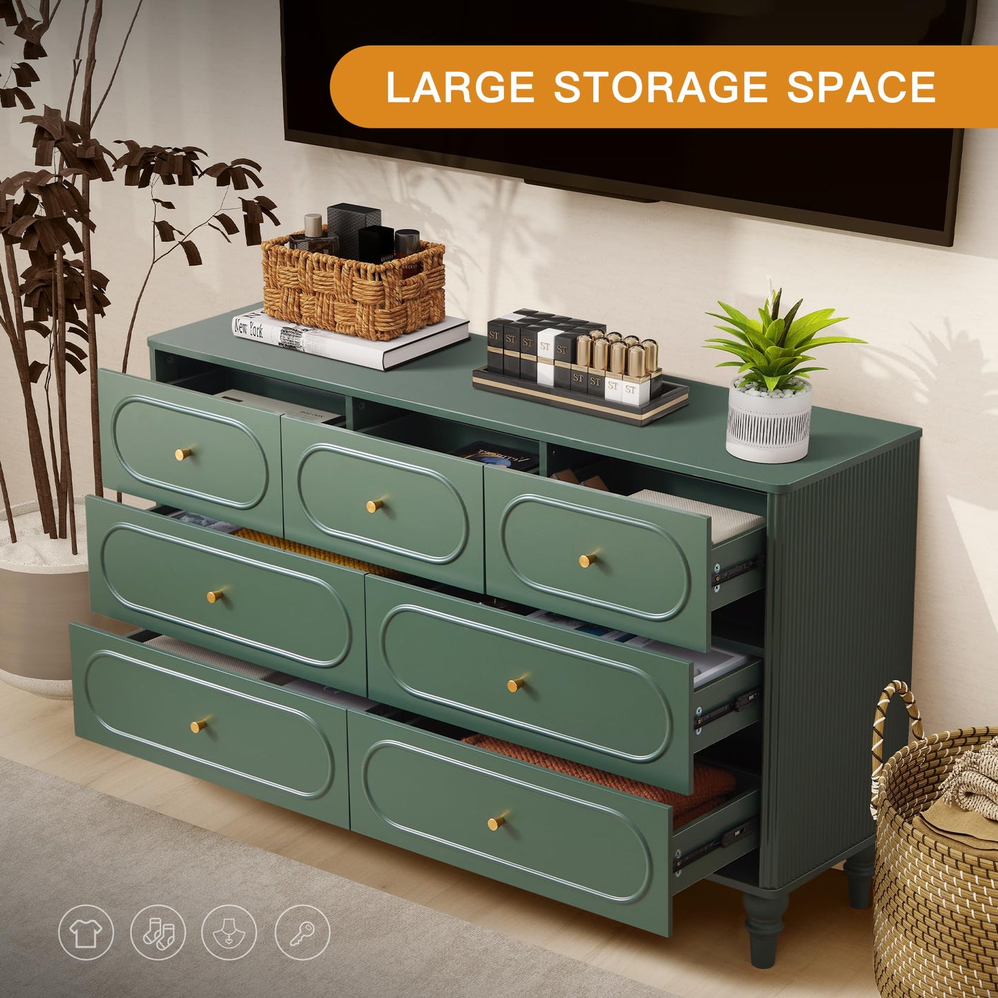 ORRD Fluted 7 Drawer Dresser for Bedroom, Mid Century Modern Chest of Drawers, Wood Storage Large Dresser Organizer for Bedroom Living Room Hallway Closet, Green