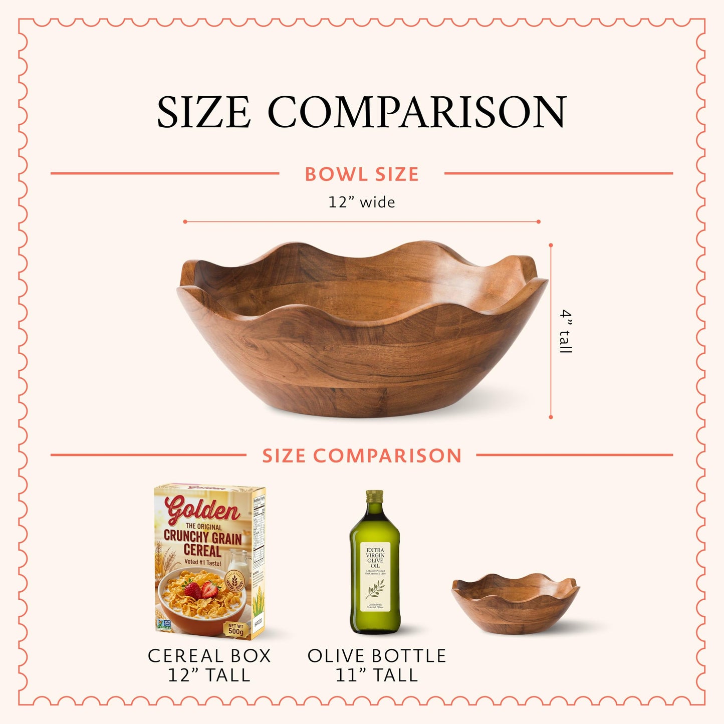 Mela Artisans 12 in Wide x 4 in Tall Scalloped Acacia Wood Salad Bowl – Decorative Serving and Fruit Bowl with Natural Finish for Kitchen Counter, Pasta, Bread & Home Decor
