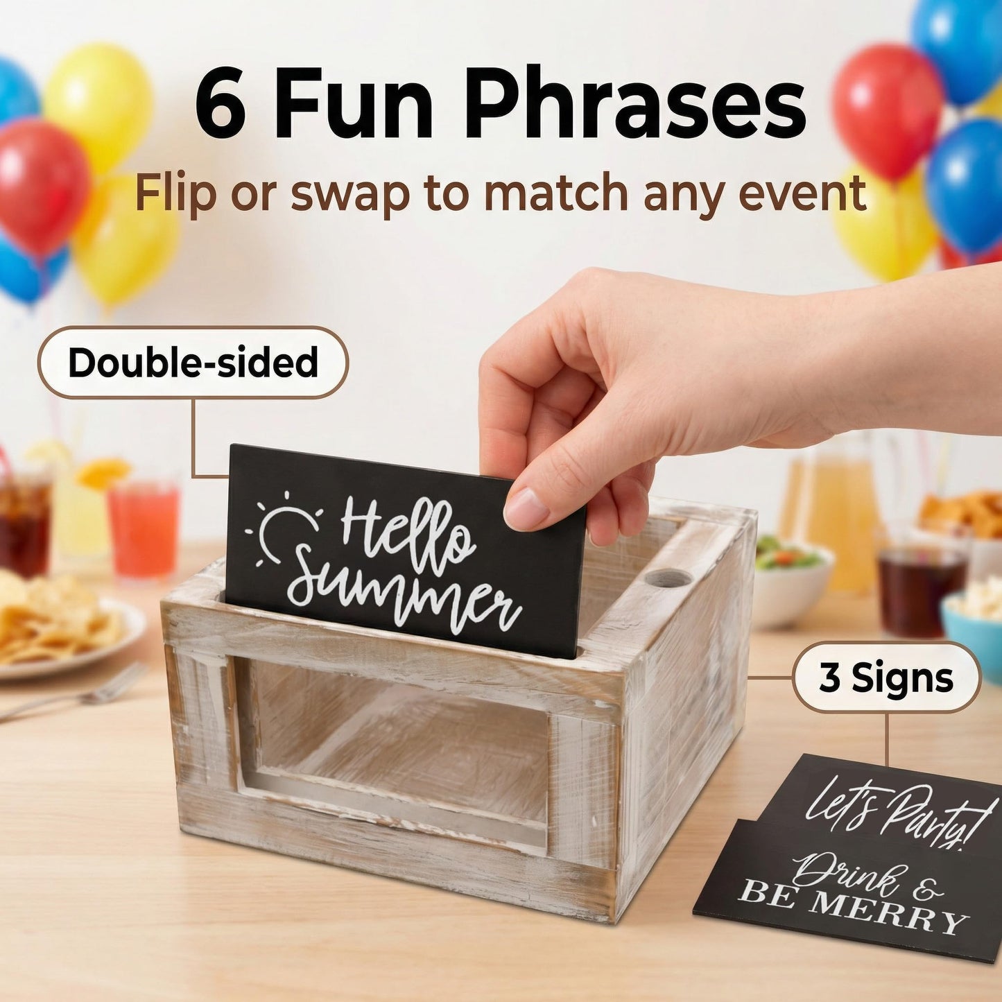 10–18 oz Wooden Cup Holder with Marker Slot & 6 Interchangeable Quote Signs, Farmhouse Drink Caddy for BBQs, Weddings, Parties, Housewarming & Home Bar Decor (Brown)