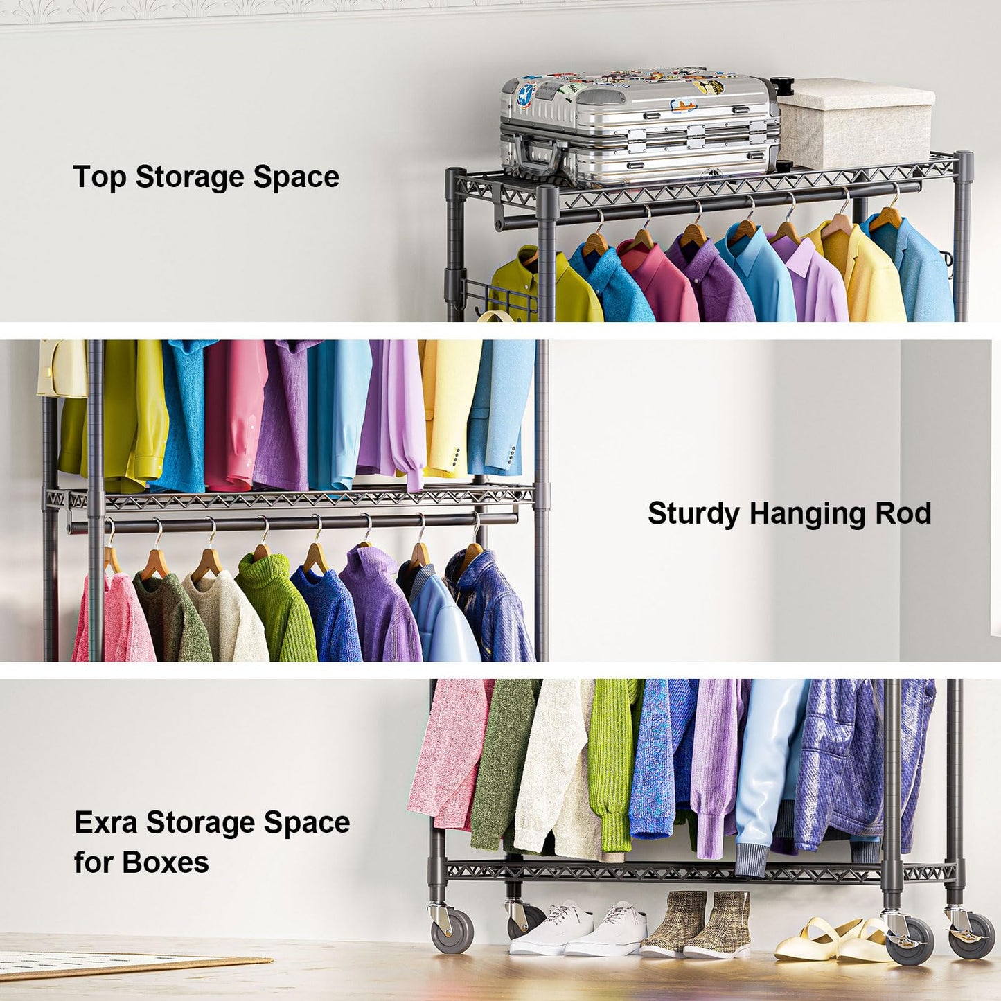 M MZG Heavy Duty Rolling Garment Rack 3 Tiers Adjustable Wire Shelving Clothes Rack with 2 Rods and Side Hooks,Storage Closet Clothing Rack with Wheels Black 15.7" D x 45.3" W x 79.6" H