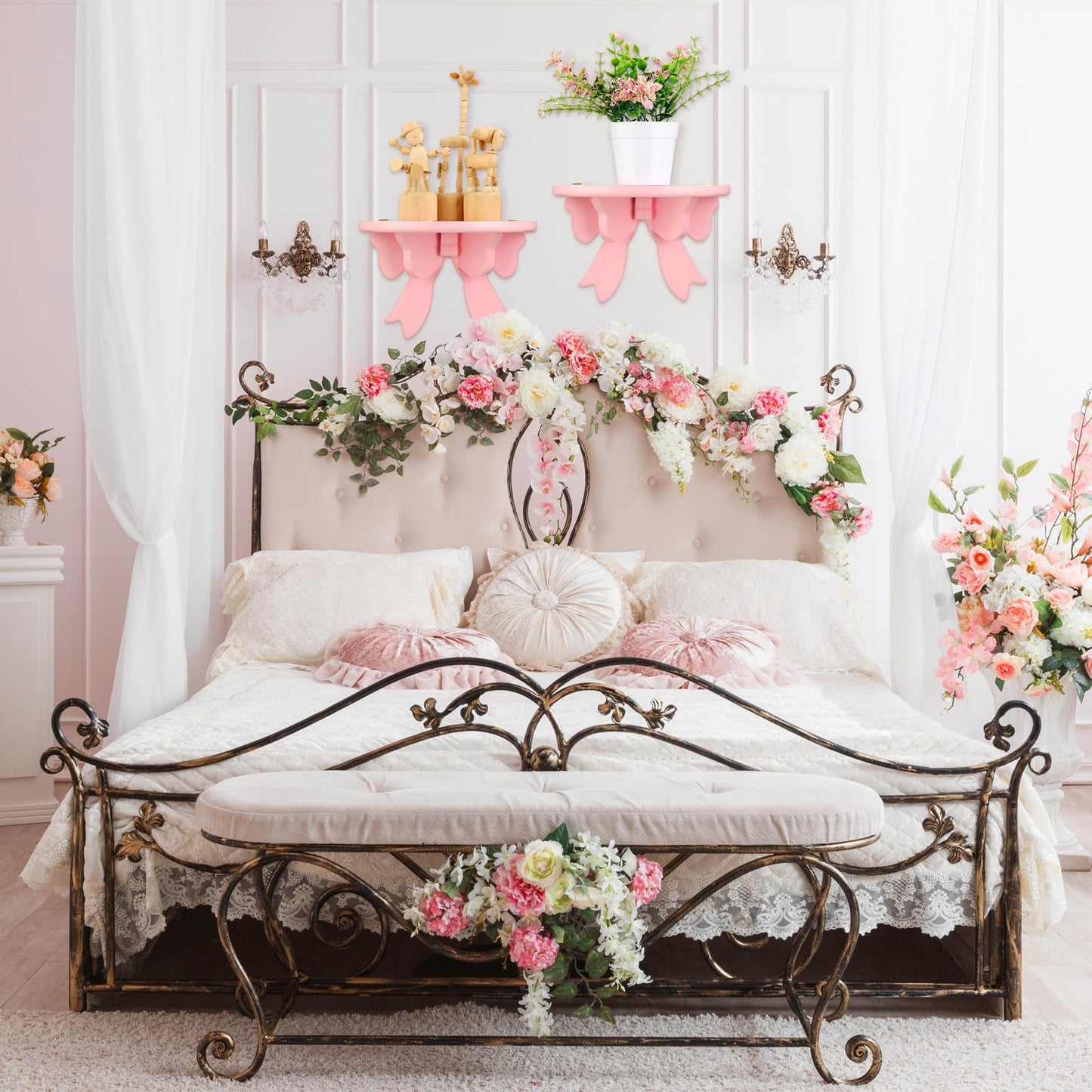 Pinkunn 2 Pcs Bow Floating Shelves Kawaii Shelf Book Stand Farmhouse Rustic Corner Wall Shelf Wooden Bow Tie Rack Princess Room Decor for Nursery Home Bedroom Office Wall Decor(Pink)