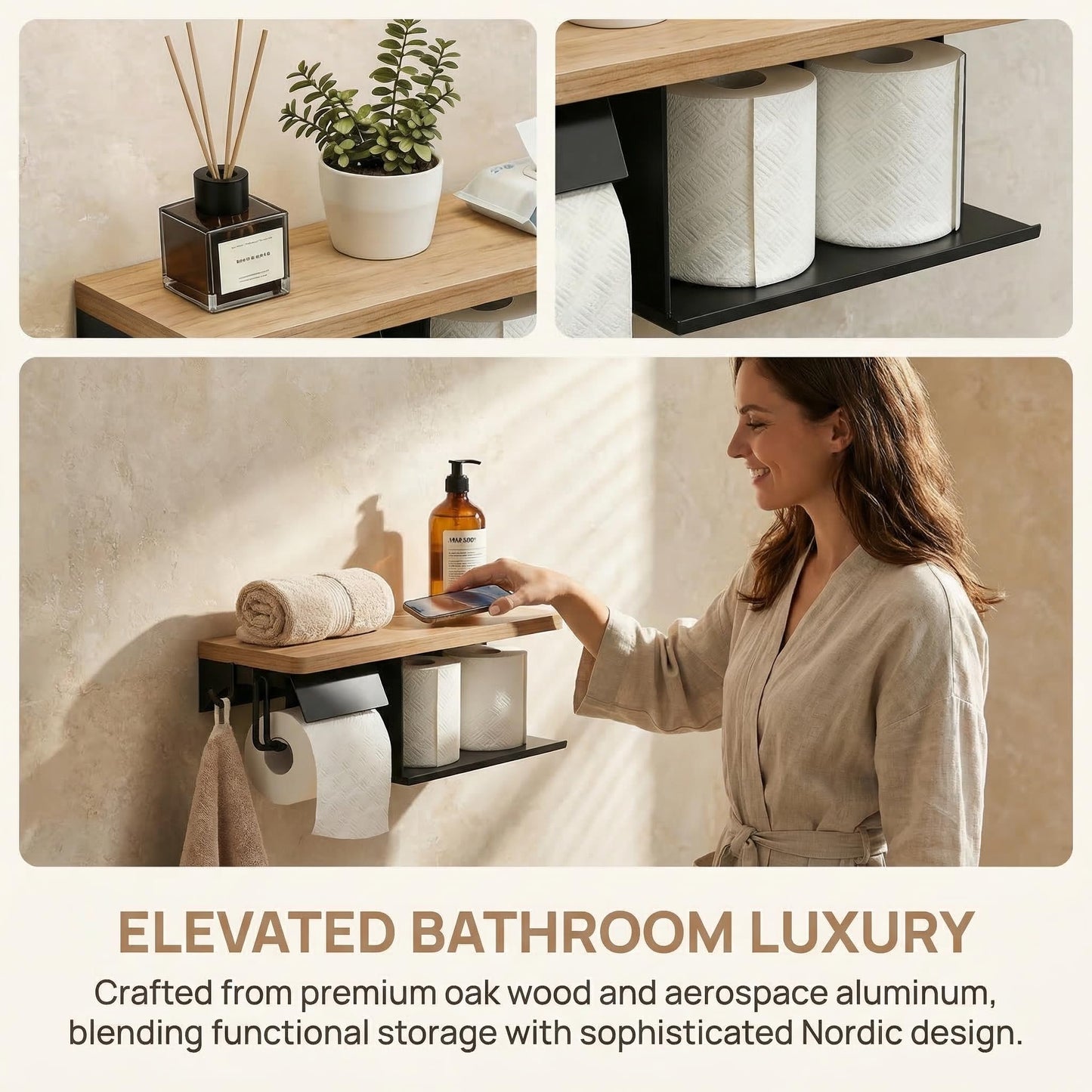 guowanpp Toilet Paper Holder with Shelf - 2 Tier Wood Toilet Paper Holder Wall Mount for Bathroom, Rustic Natural Wood Double Toilet Paper Holder, Smart Bathroom Organizer with Shelf
