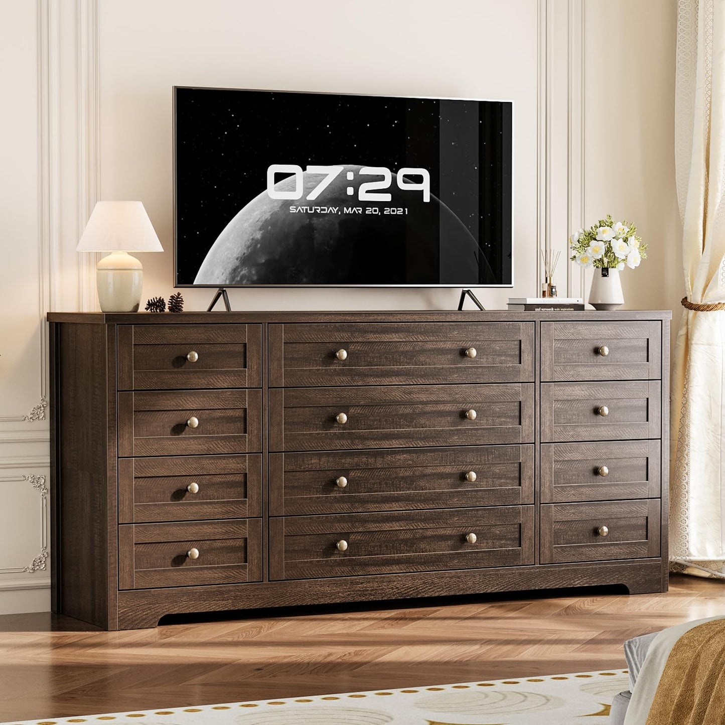 Garvee 12 Drawer Wooden Dressers for Bedroom, Brown Dresser for Adult Bedroom, Modern Wood Chest of Drawers for Living Room, Closet, Entryway, Hallway, Farmhouse Wide TV Stand for 65 Inch TV