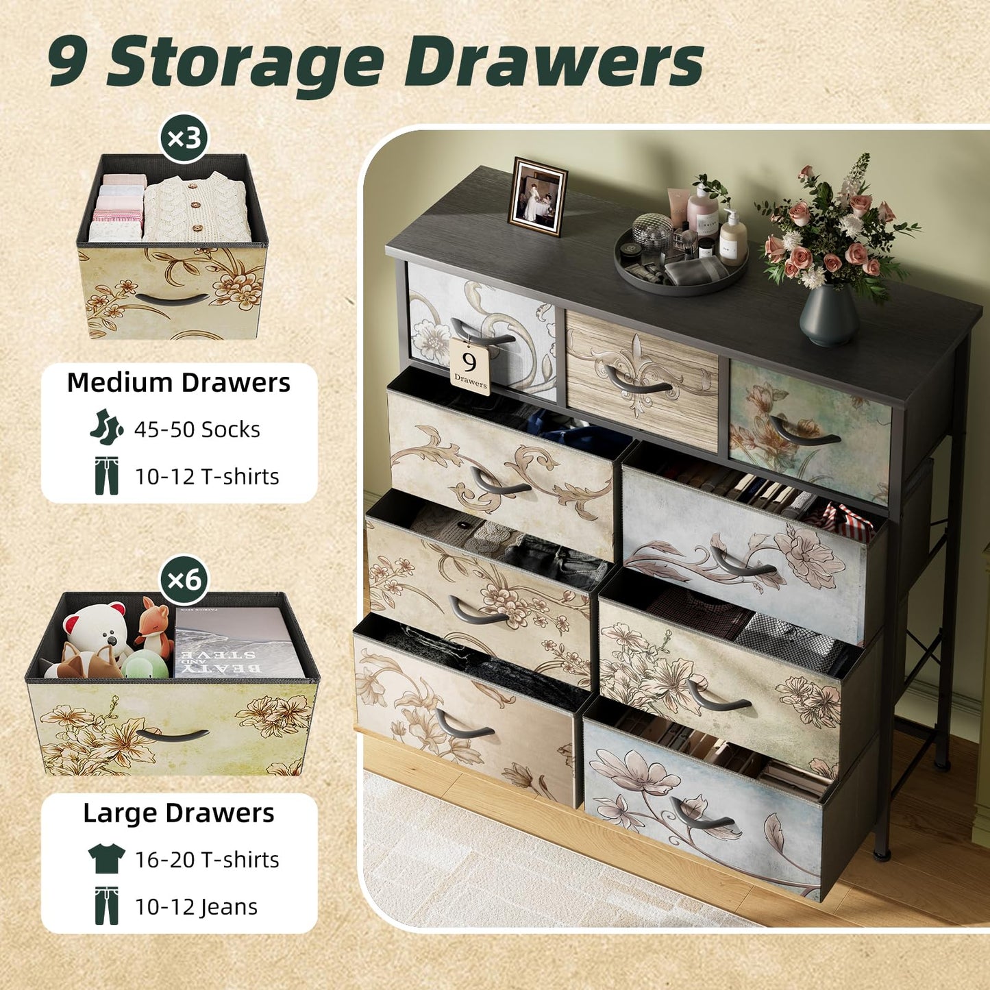 MUTUN Drawers Dresser for Bedroom,Wide Chest of Drawers for Closet, Clothes, TV Stand with Storage Drawers, Wood Board, Fabric Drawers,Floral Painted (9 Drawers)