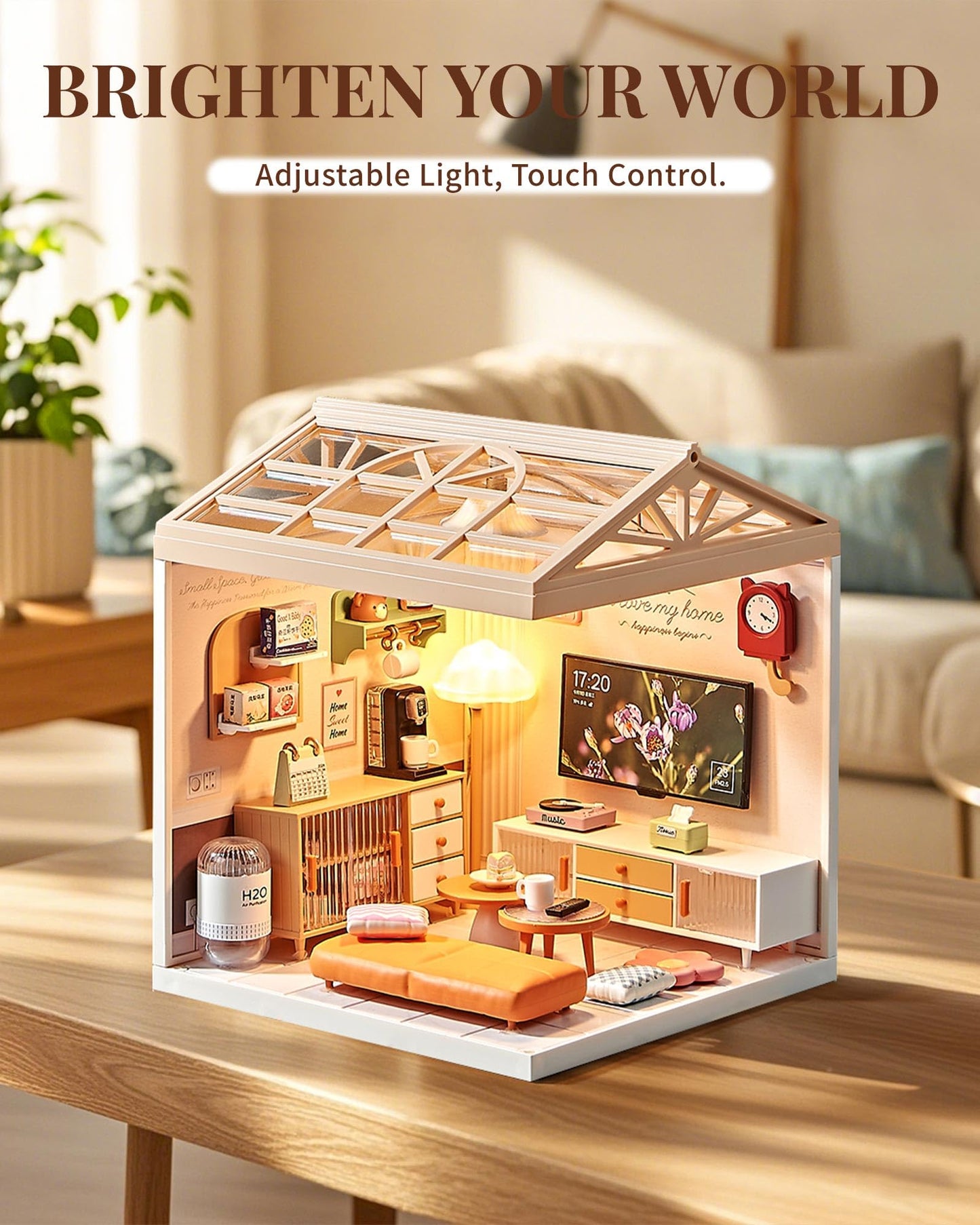 Kisoy DIY Miniature House Kit, Tiny House Kit with Furniture and LED Light, Mini Blocks Model Kit Sets, DIY Crafts/Hobbies Toys for Adults and Teens (Living Room)