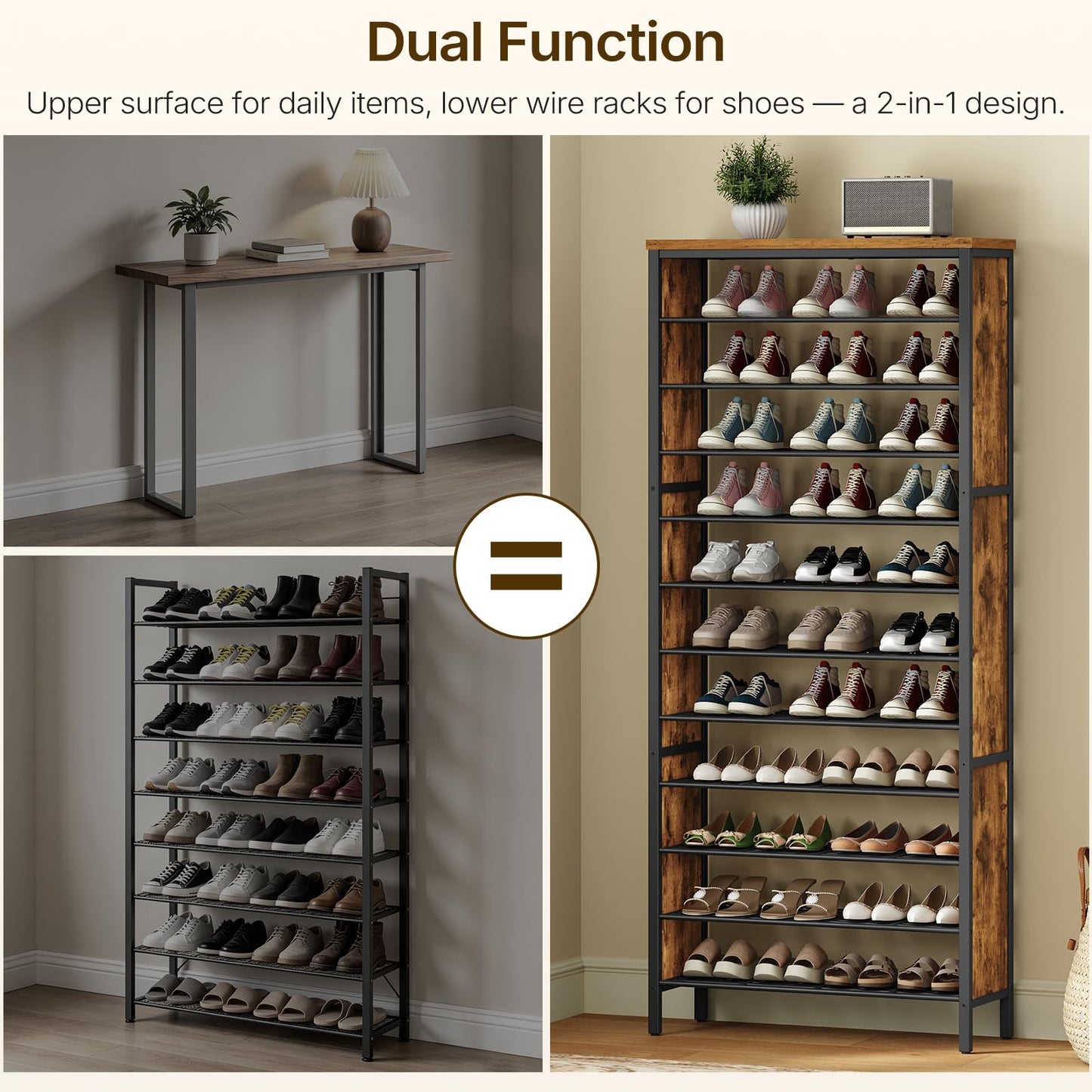 YATINEY 12-Tier Wooden Shoe Storage Organizer and 12-Tier Tall Shoe Rack, Large Shoe Storage Organizer for Closet SS212BR-SS42BR
