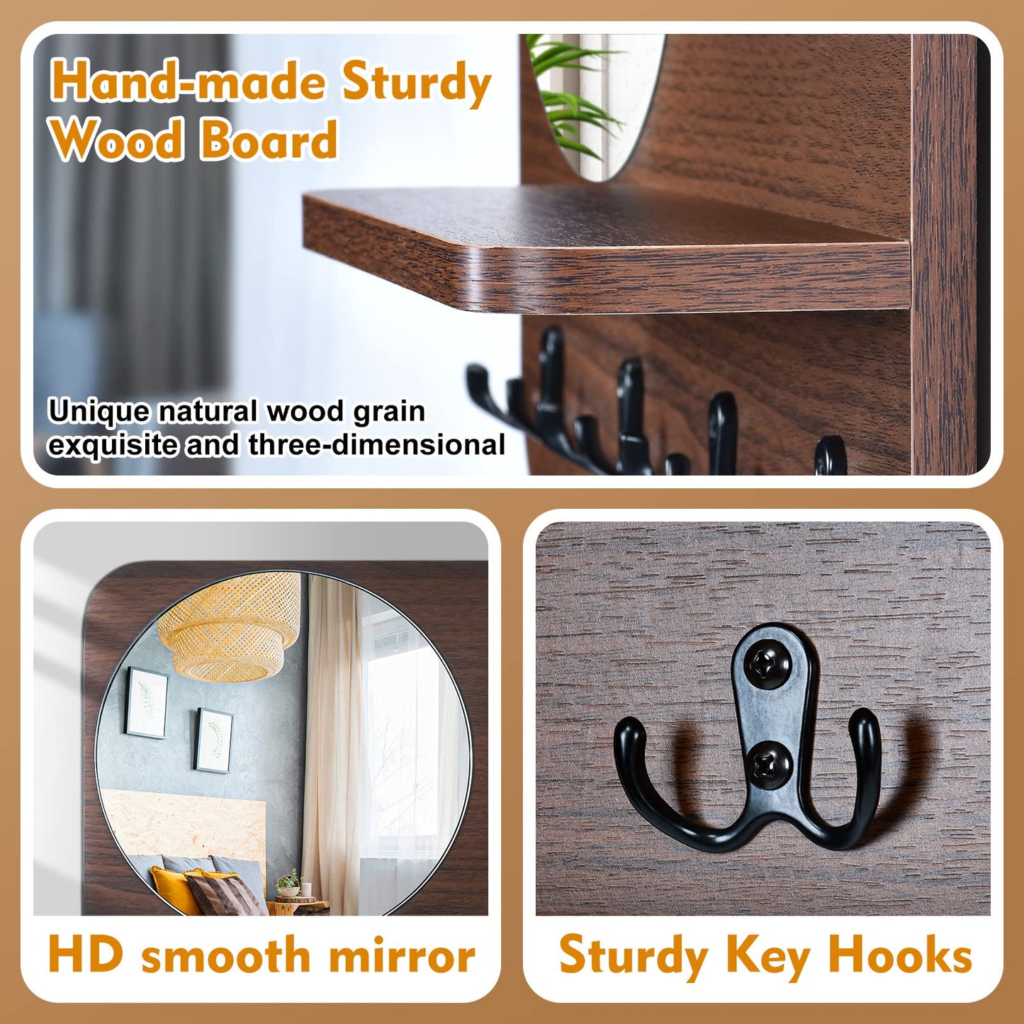 YeadCedle Coat Rack with Shelf Rustic Wooden Wall Mounted Hanging Coat Rack with Mirror Shelves and 4 Double Hooks Decorative Entryway Hook Shelf for Hallway Living Room Bedroom 16"x12" (Brown S)