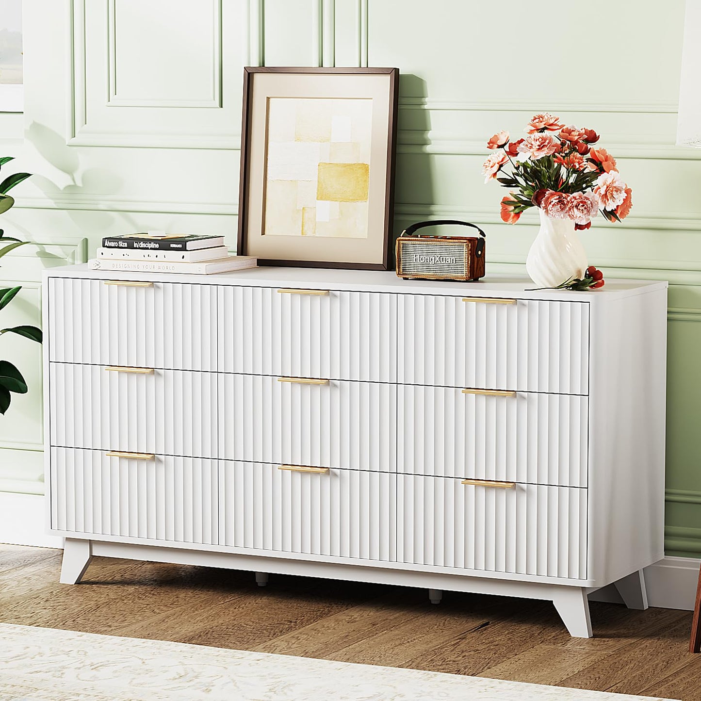 VINGLI 9 Drawer Dresser White Fluted Dresser for Bedroom with Rounded Edges, 57" Long Wood Dressers White and Gold, 57" W*15.75" D*29.92" H