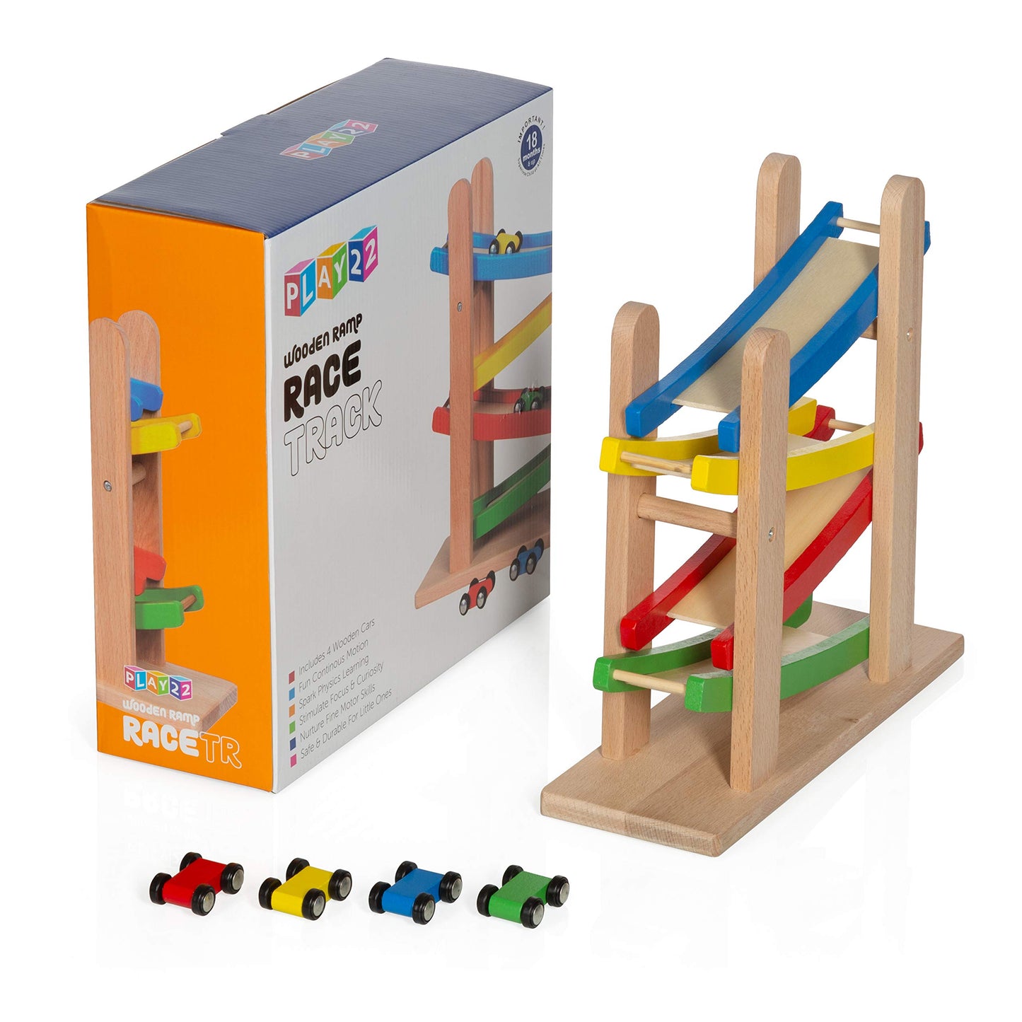 Play22 Wooden Car Ramps Race - 4 Level Toy Car Ramp Race Track Includes 4 Wooden Toy Cars - My First Baby Toys - Toddler Race Car Ramp Toy Set is A Great Gift for Boys and Girls - Original By Play22