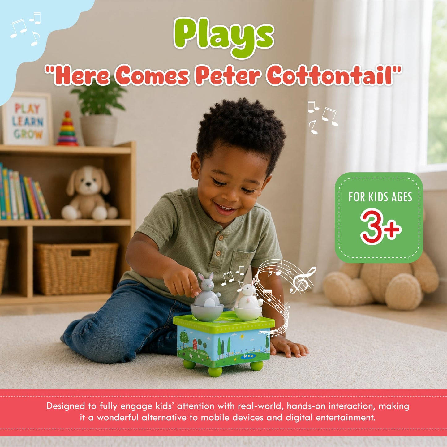 Jack Rabbit Creations Dancing Bunnies Wind-Up Music Box – Plays Here Comes Peter Cottontail – Wooden, Battery Free – Easter Gift & Basket, Bunny Decor, Ages 3+