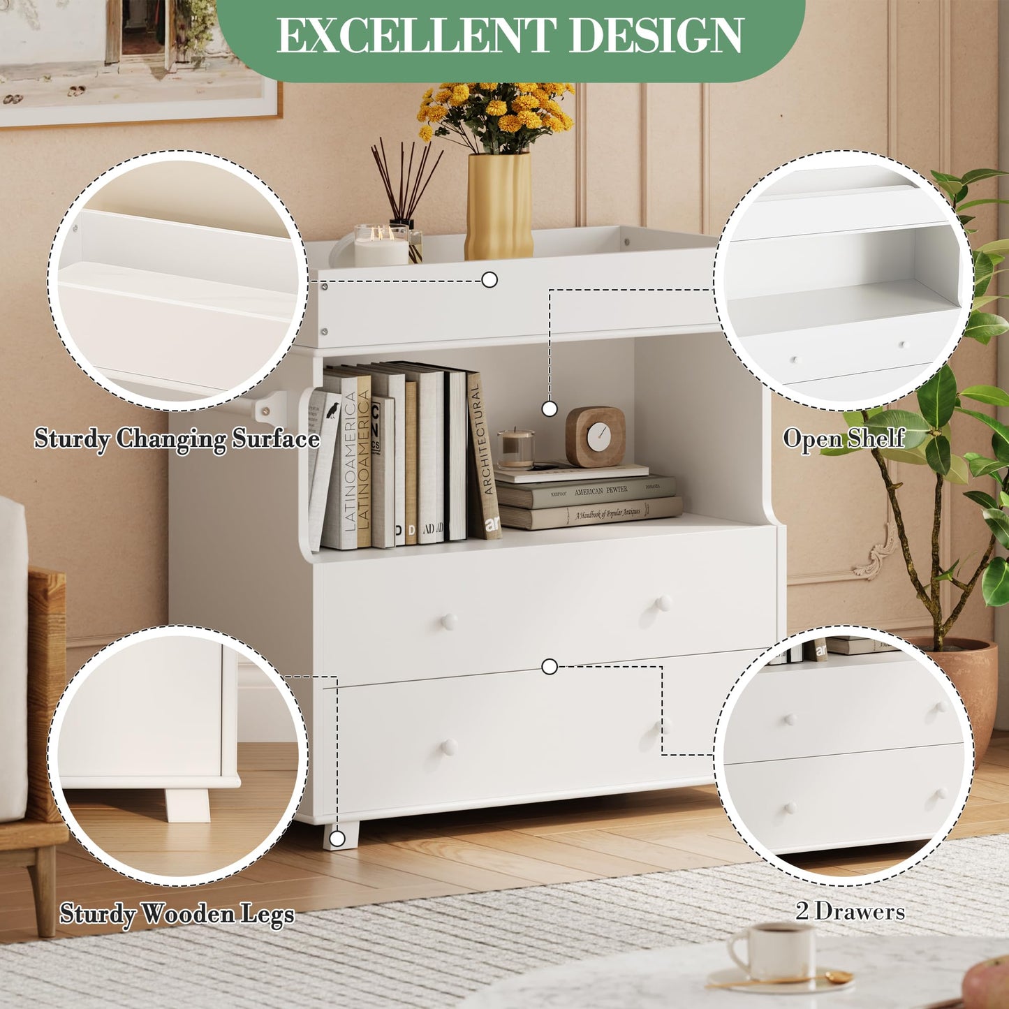 Garvee Baby Changing Table with Drawer and Storage Shelves, Heavy Duty Diaper Station for Nursery, White Wooden Changing Table with Safety Rails for Newborns